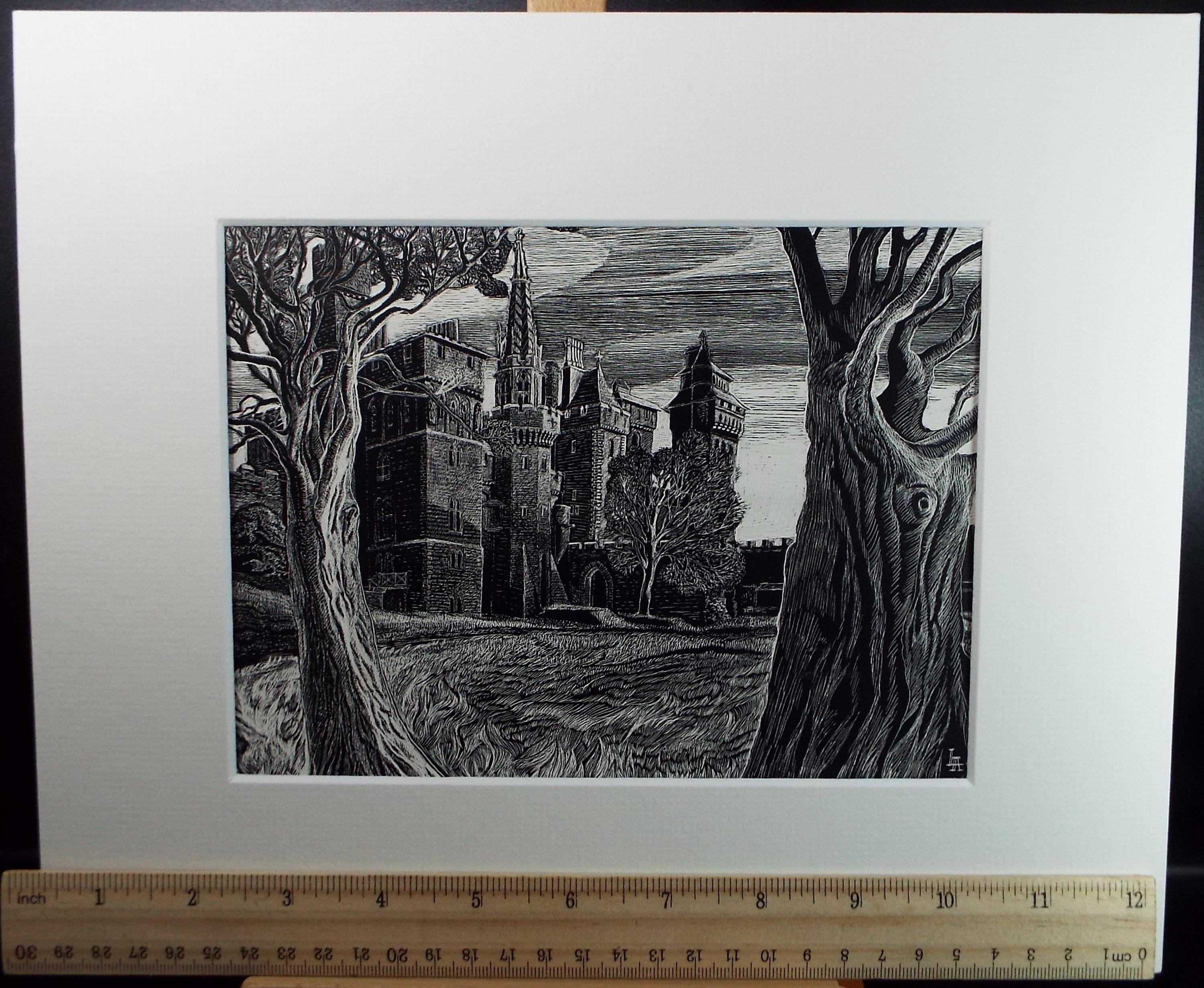 Original Scraperboard drawing, 'Gothic Building in a Landscape', Lorraine Abraham RSMA (1941-2023), Circa 1990's