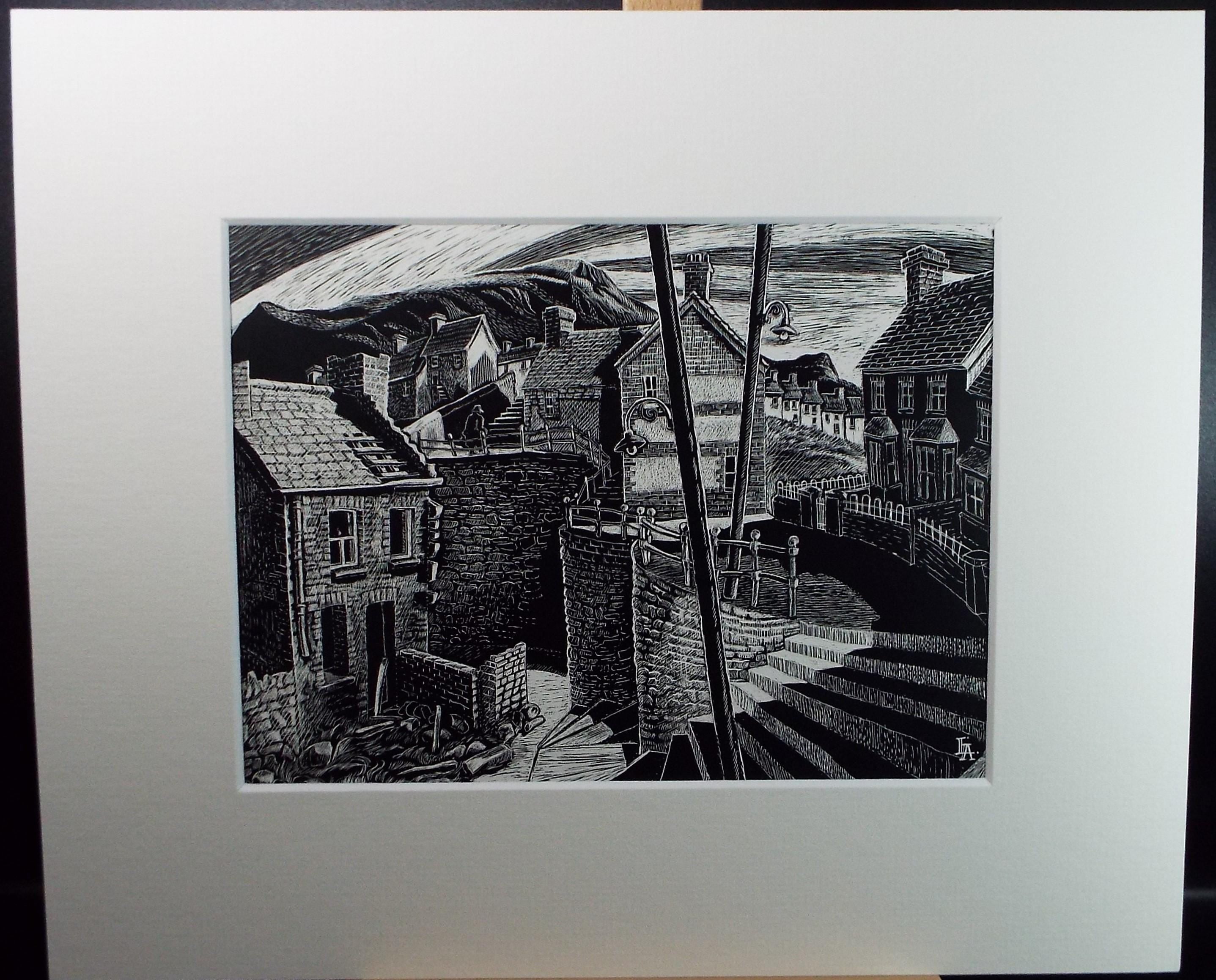 Original Scraperboard drawing, 'Mining Village', Lorraine Abraham RSMA (1941-2023), Circa 1990's