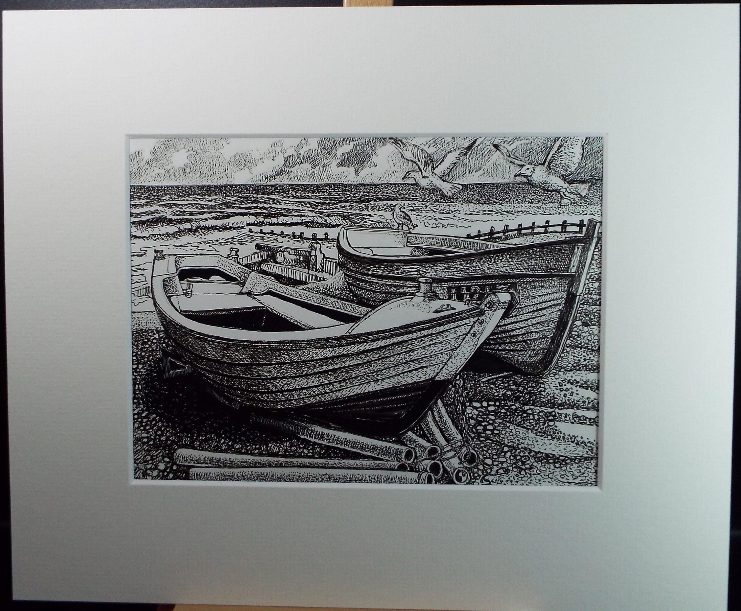 Original Scraperboard & ink drawing, 'Boats on the Shore', Lorraine Abraham RSMA (1941-2023), Dated 1993