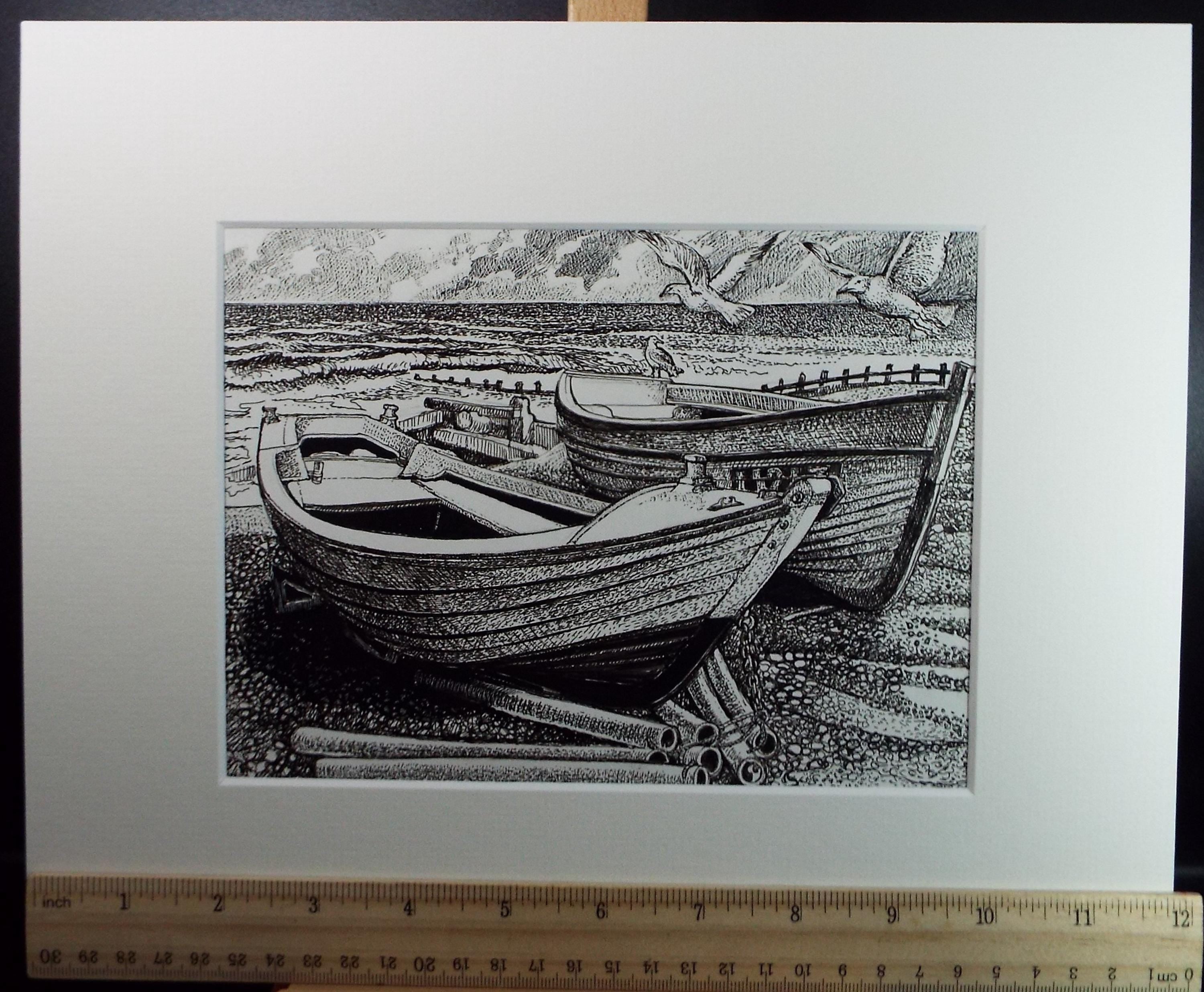Original Scraperboard & ink drawing, 'Boats on the Shore', Lorraine Abraham RSMA (1941-2023), Dated 1993