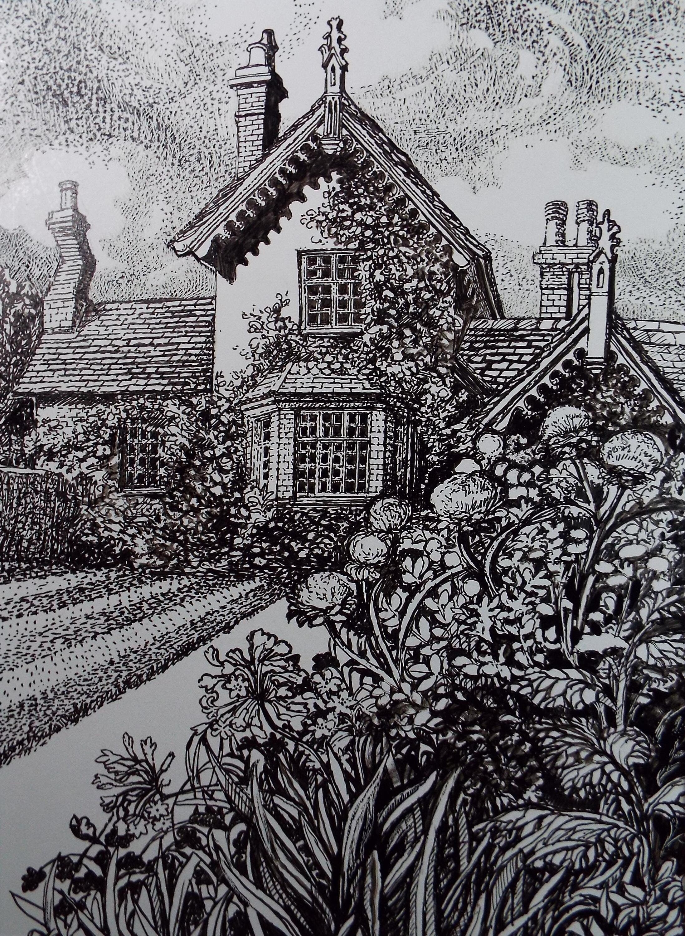 Original Scraperboard & ink drawing, 'Country Cottage and Summer Garden', Lorraine Abraham RSMA (1941-2023), Circa 1990's