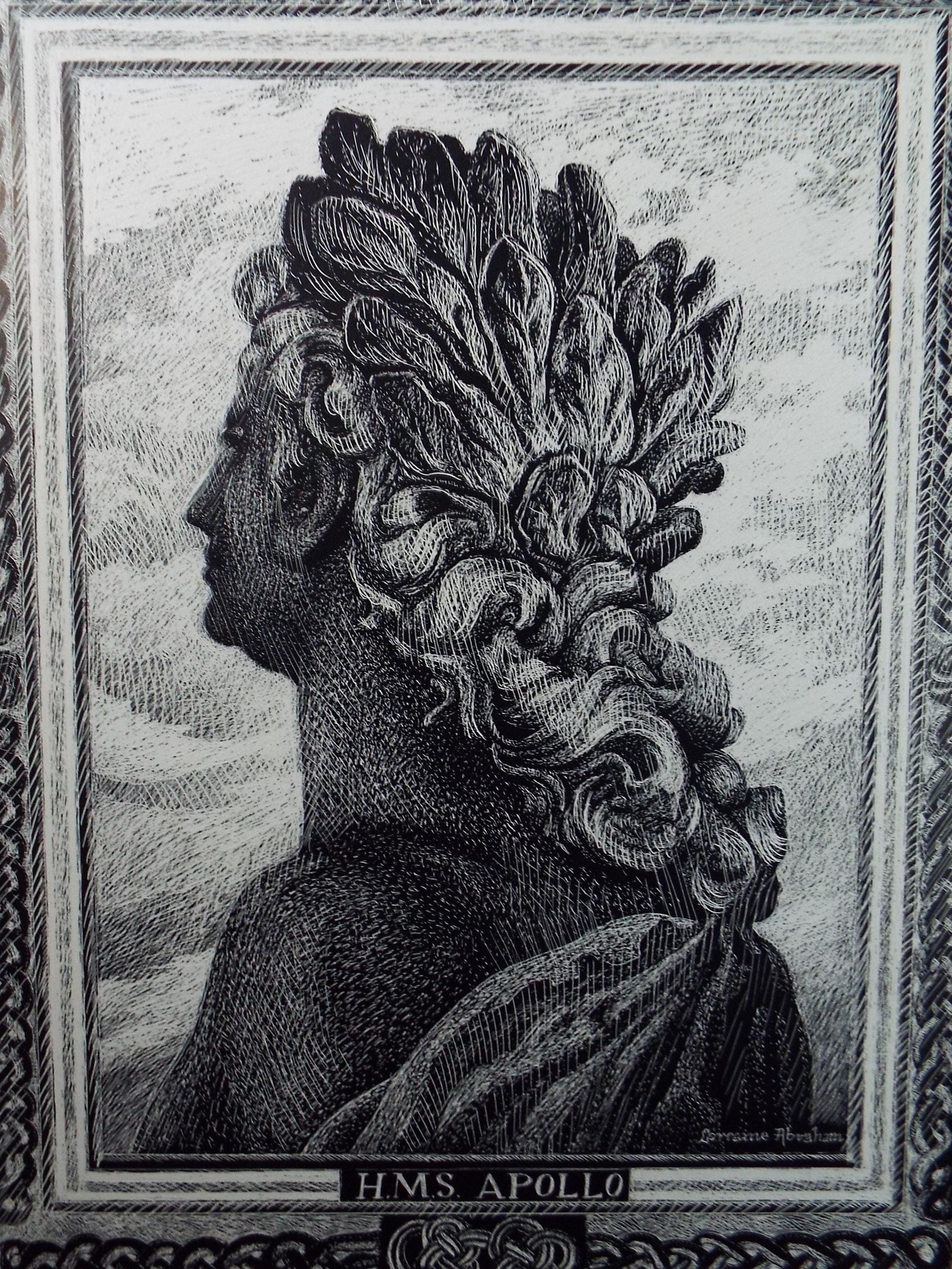 Original Scraperboard drawing, 'HMS Apollo', Lorraine Abraham RSMA (1941-2023), Circa 1990's