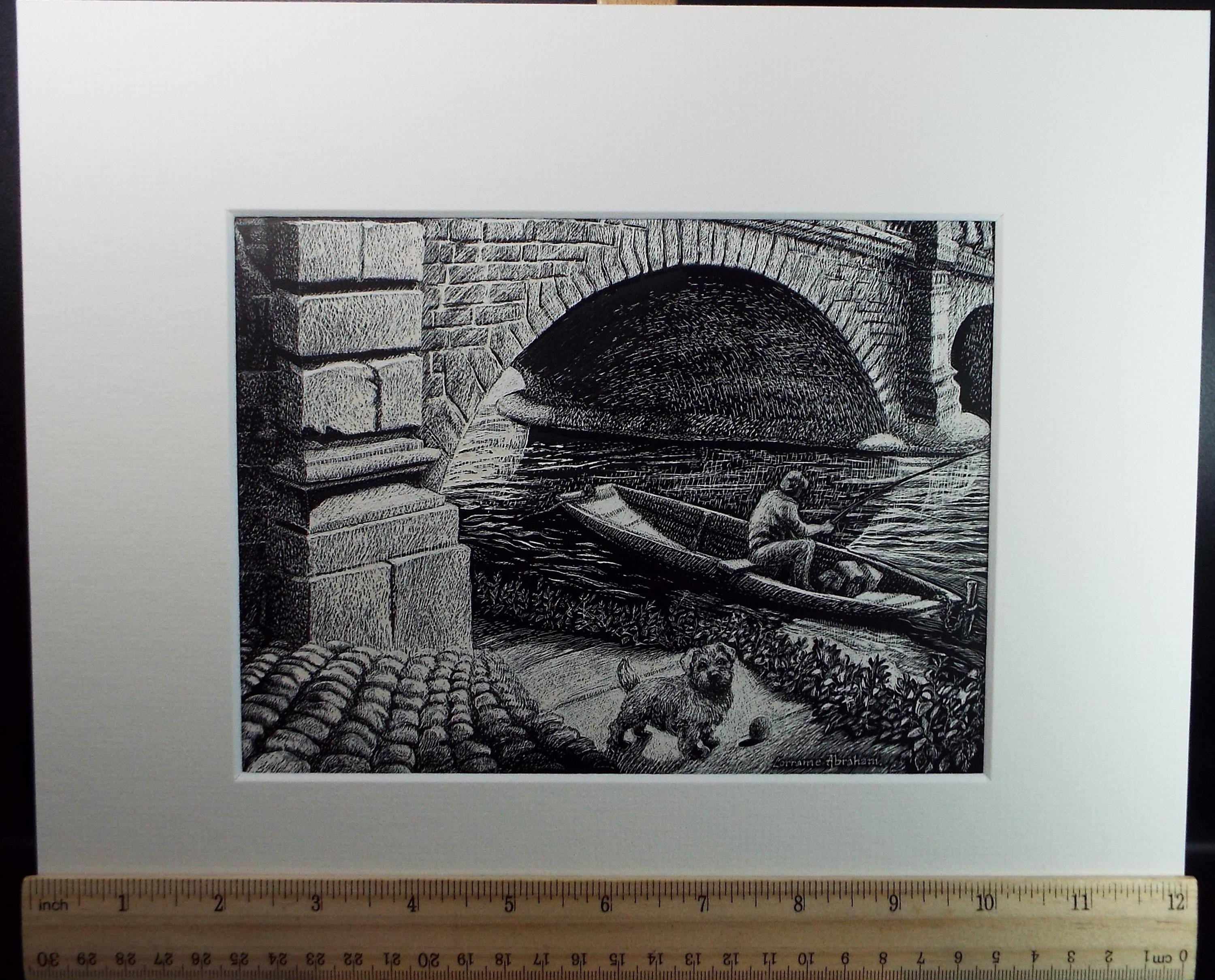 Original Scraperboard drawing, 'Fishing with a Terrier', Lorraine Abraham RSMA (1941-2023), Circa 1990's