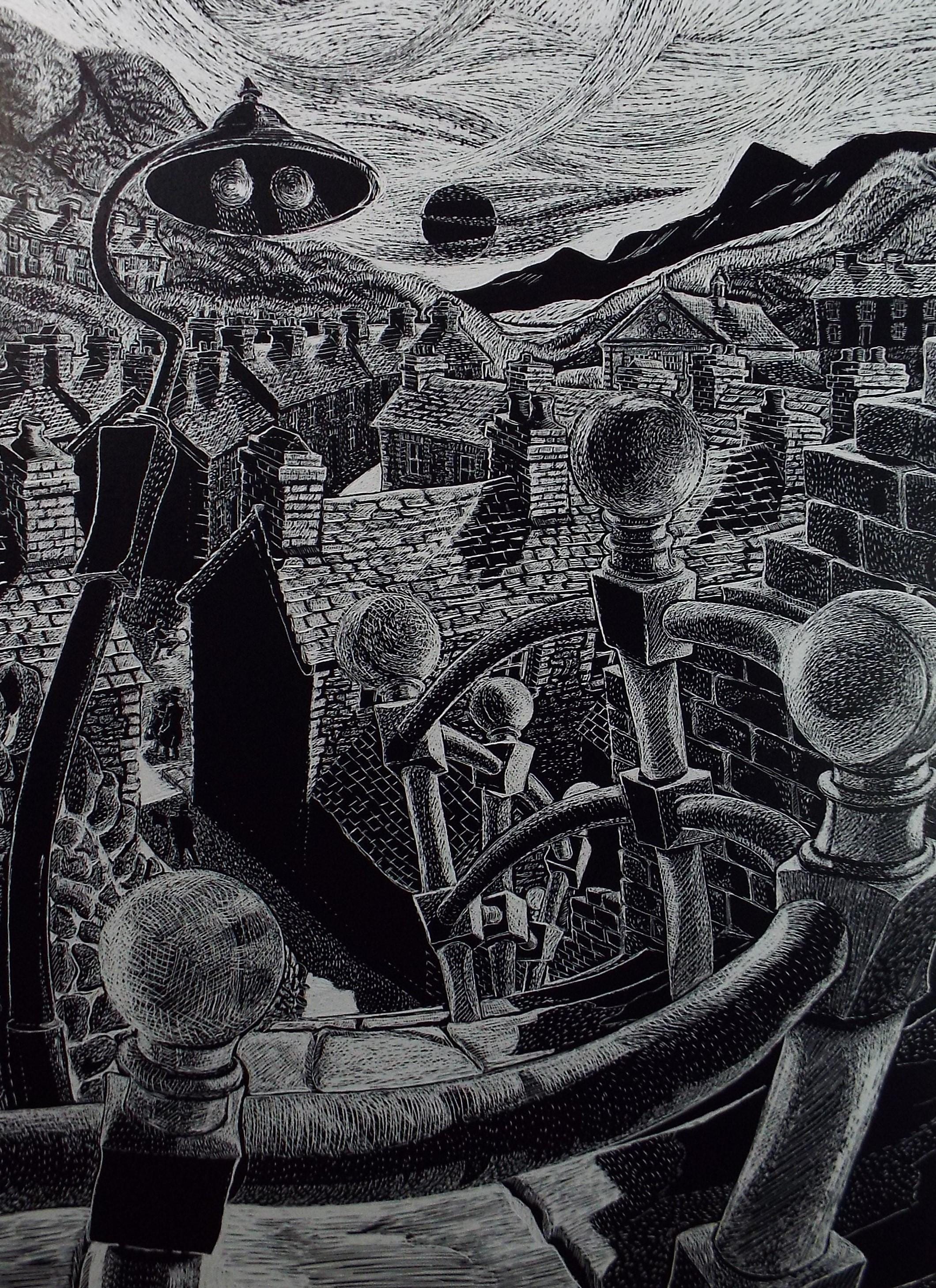 Original Scraperboard drawing, 'The Town rooftops', Lorraine Abraham RSMA (1941-2023), Circa 1990's