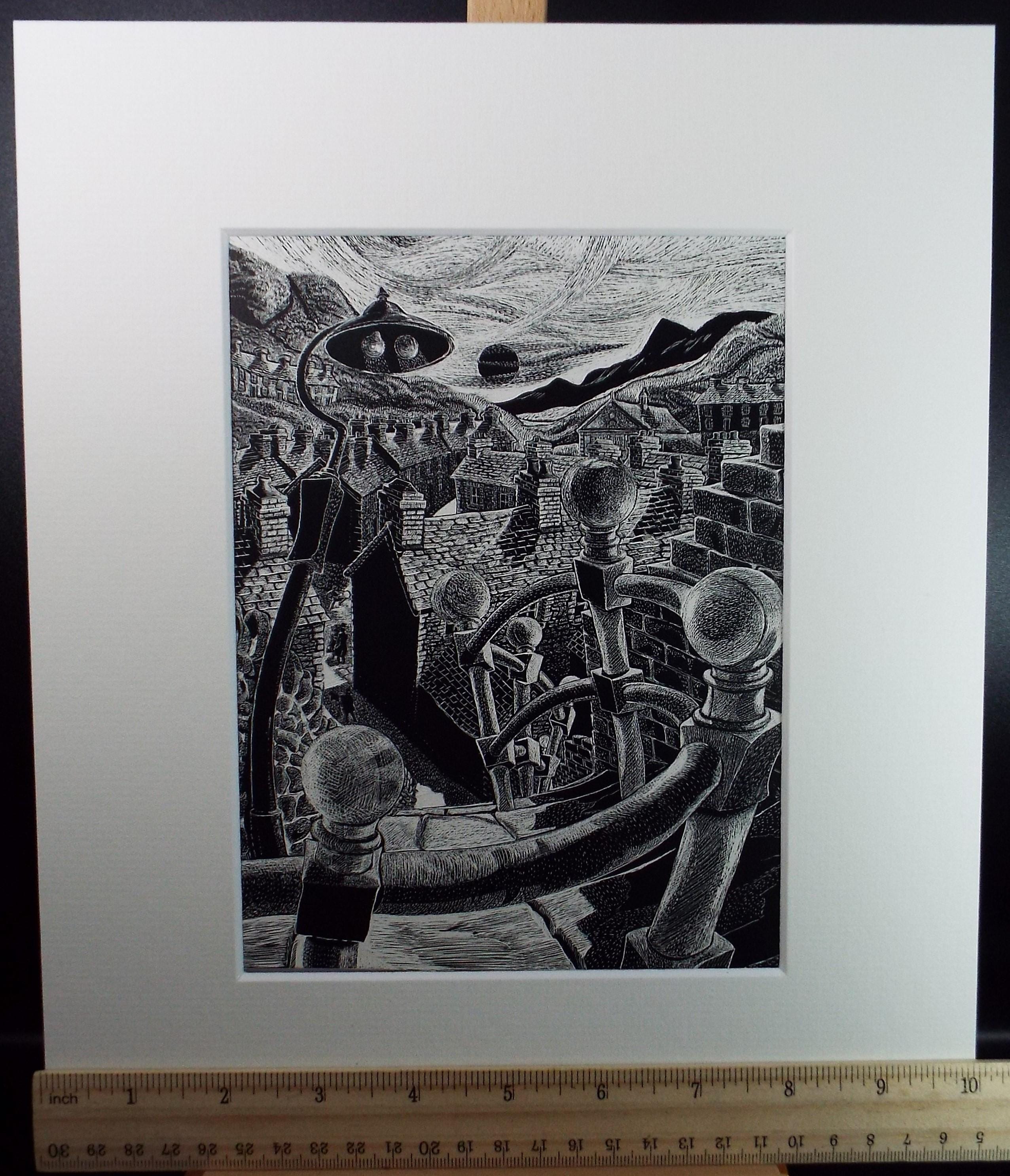 Original Scraperboard drawing, 'The Town rooftops', Lorraine Abraham RSMA (1941-2023), Circa 1990's