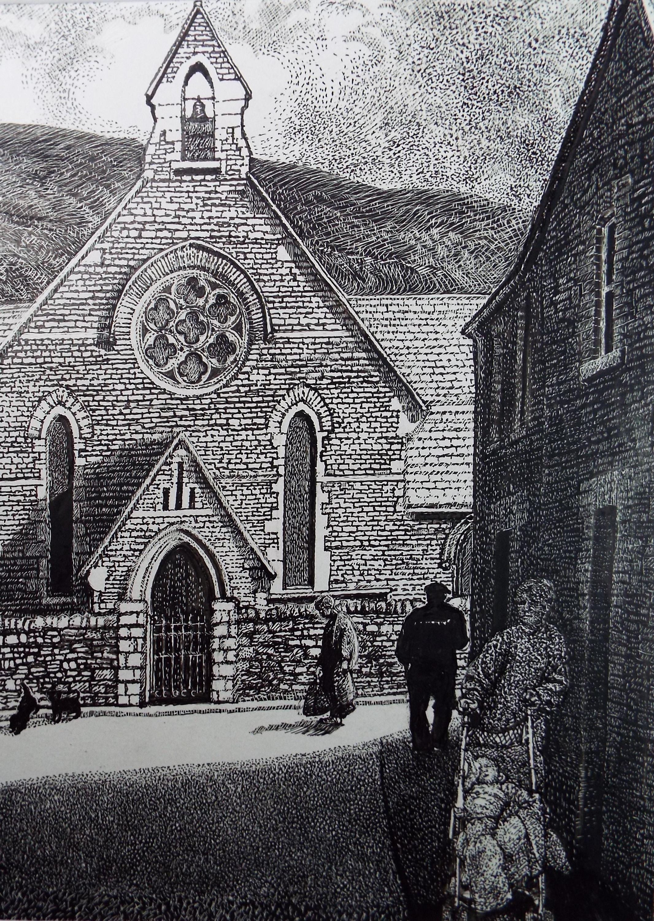 Original Scraperboard drawing, 'Figures by the Chapel', Lorraine Abraham RSMA (1941-2023), Circa 1990's