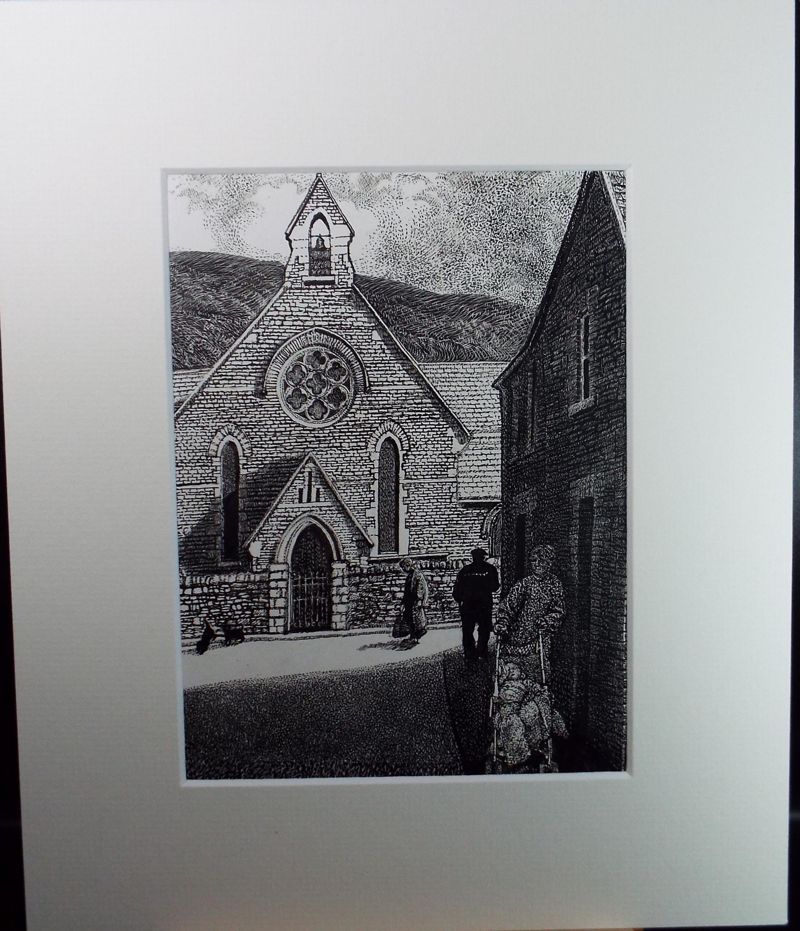 Original Scraperboard drawing, 'Figures by the Chapel', Lorraine Abraham RSMA (1941-2023), Circa 1990's