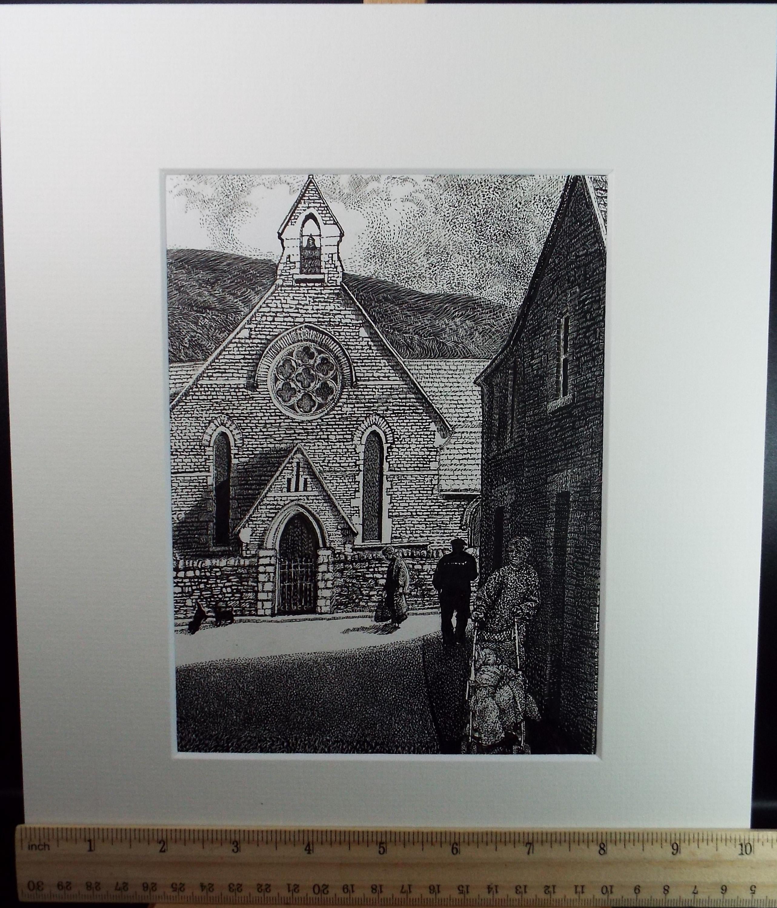 Original Scraperboard drawing, 'Figures by the Chapel', Lorraine Abraham RSMA (1941-2023), Circa 1990's