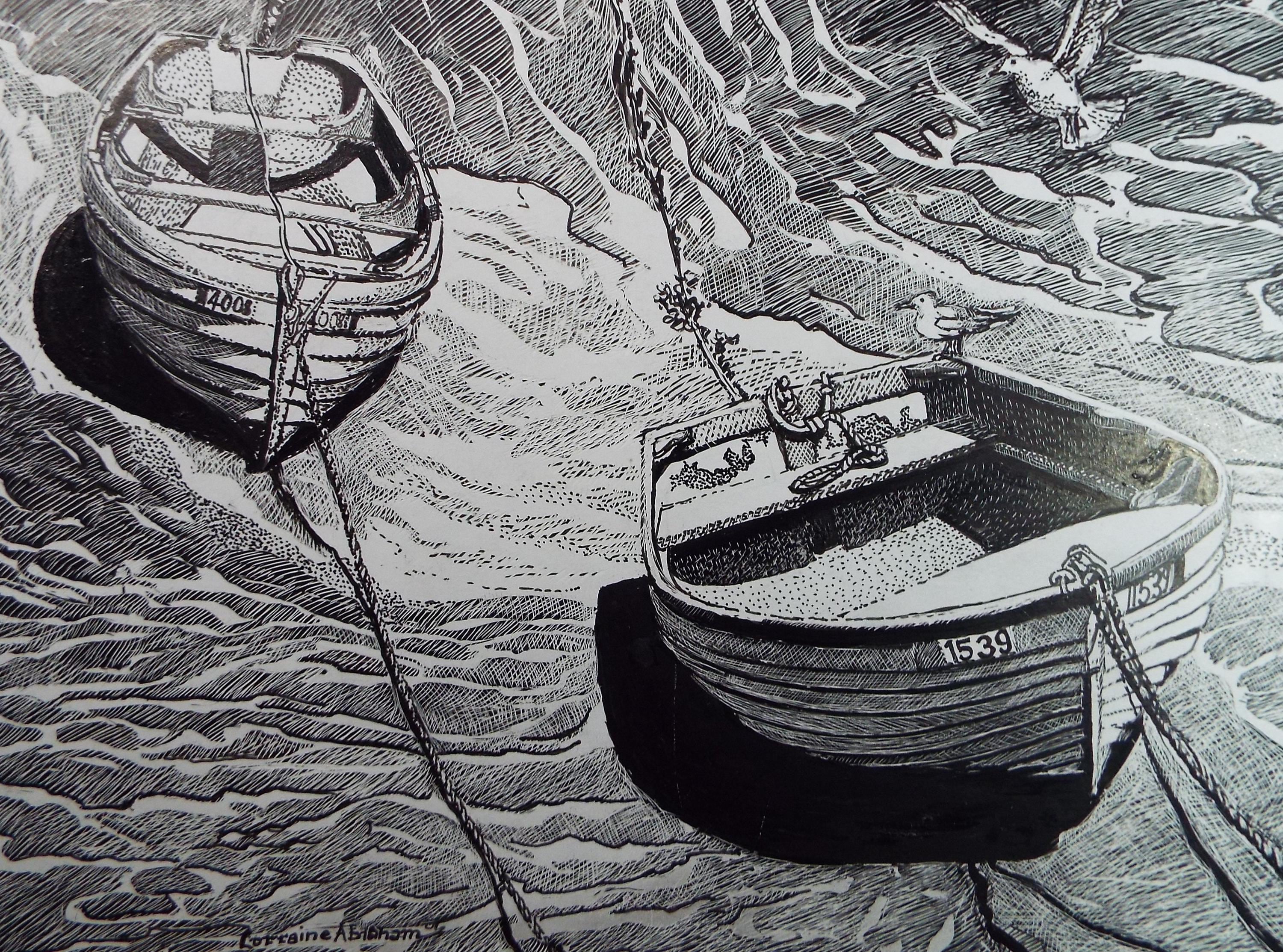 Original Scraperboard & ink drawing, 'Boats on the Shore', Lorraine Abraham RSMA (1941-2023), Circa 1990's