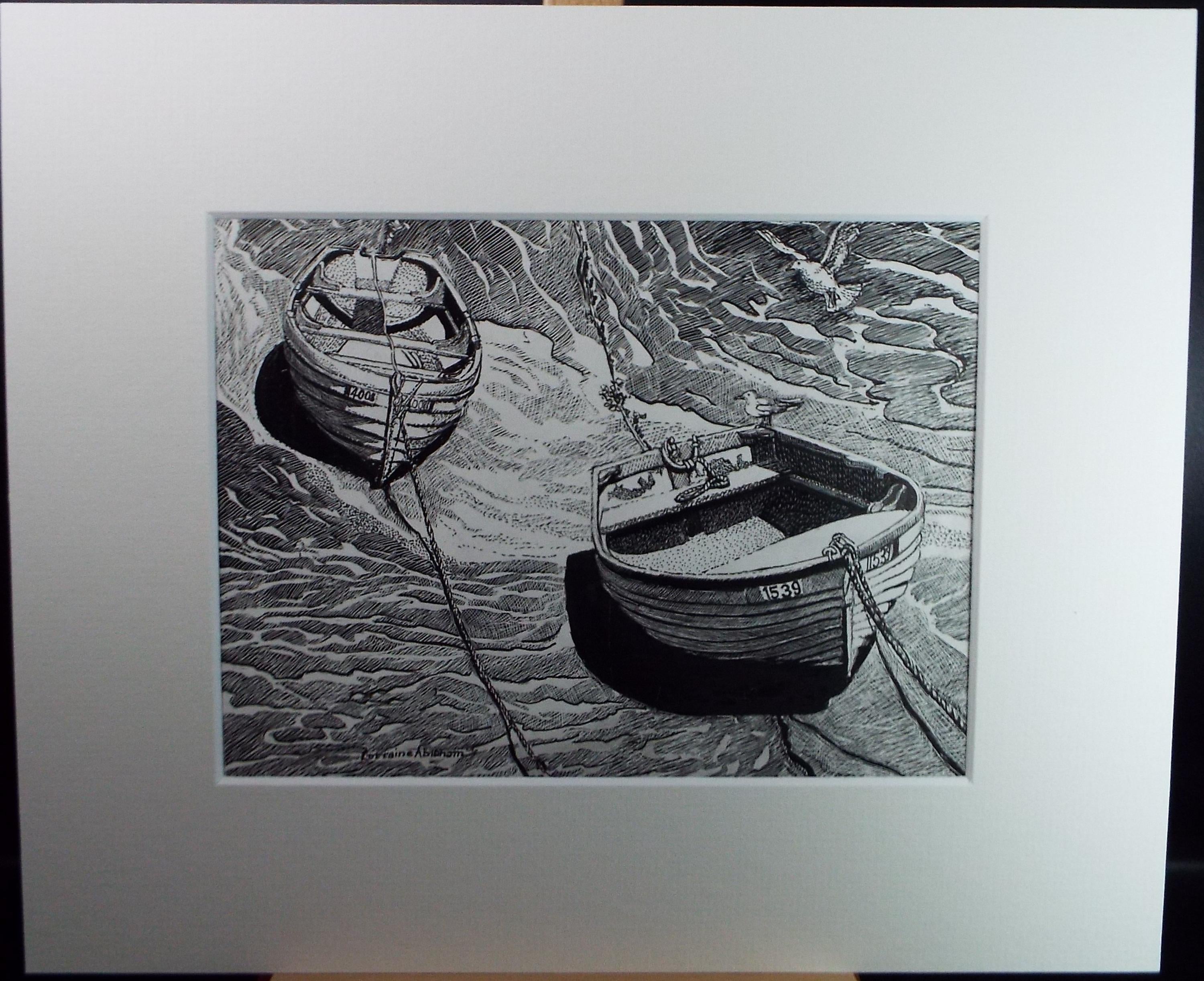 Original Scraperboard & ink drawing, 'Boats on the Shore', Lorraine Abraham RSMA (1941-2023), Circa 1990's