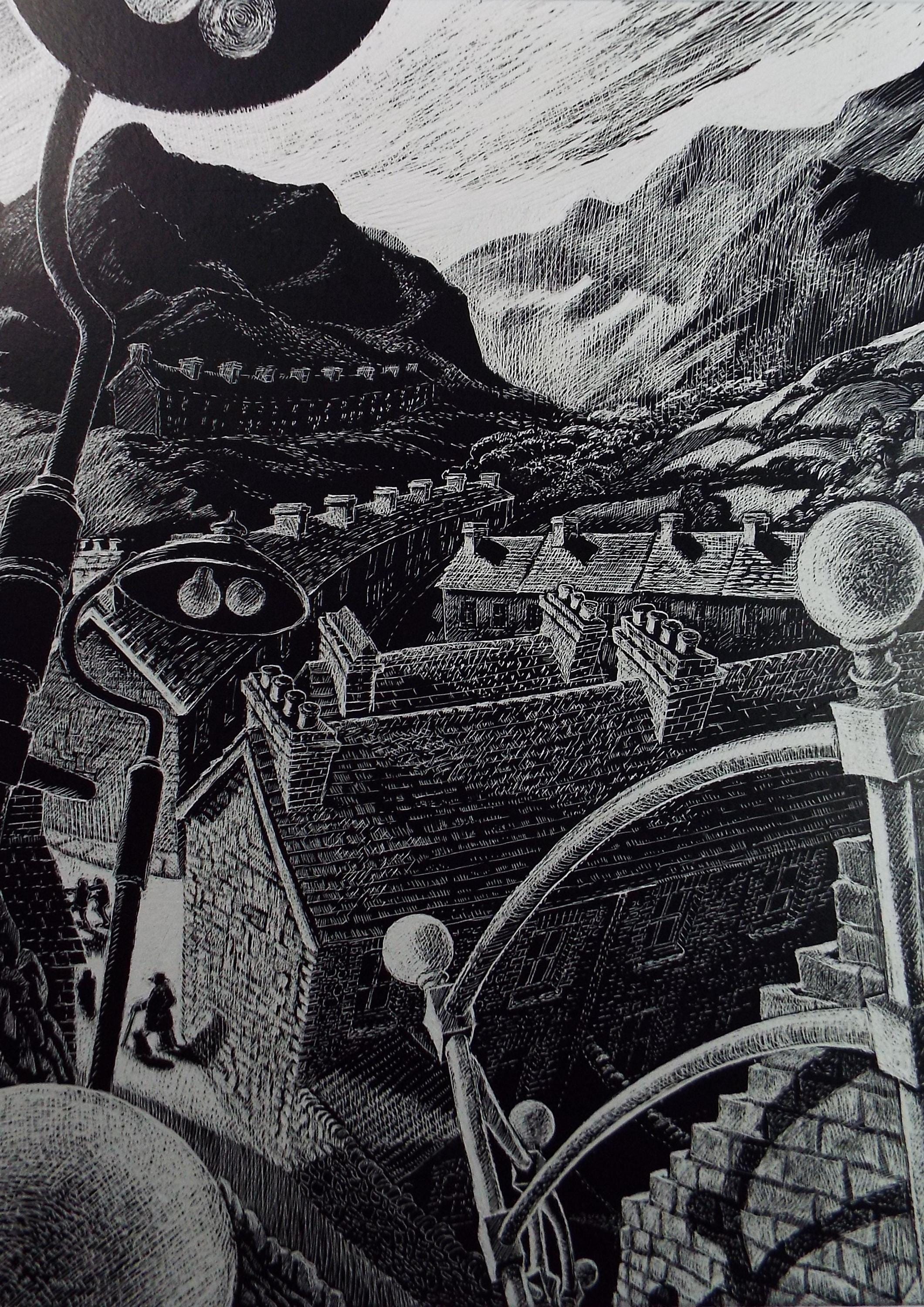 Original Scraperboard drawing, 'The Town rooftops', Lorraine Abraham RSMA (1941-2023), Circa 1990's