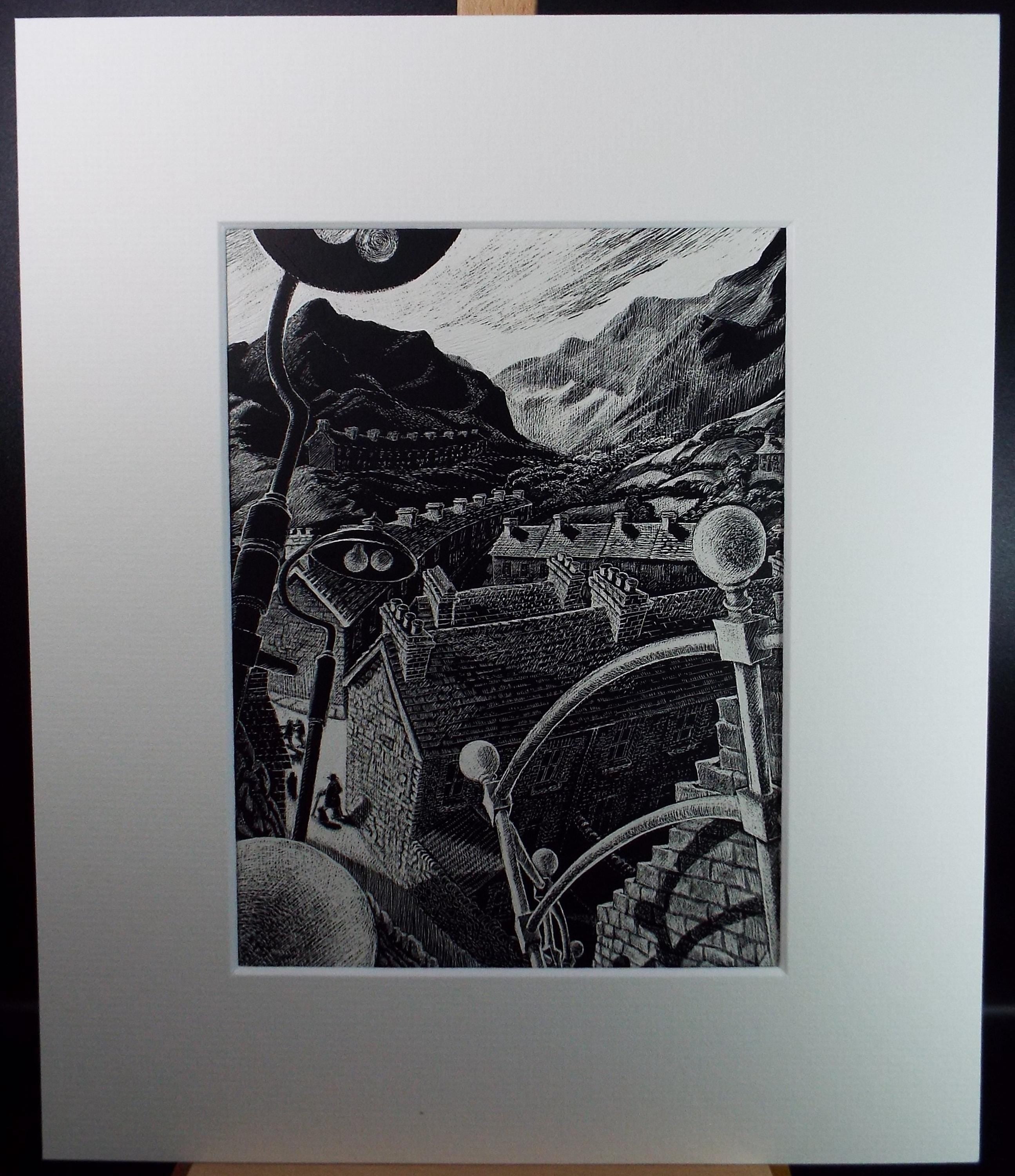 Original Scraperboard drawing, 'The Town rooftops', Lorraine Abraham RSMA (1941-2023), Circa 1990's