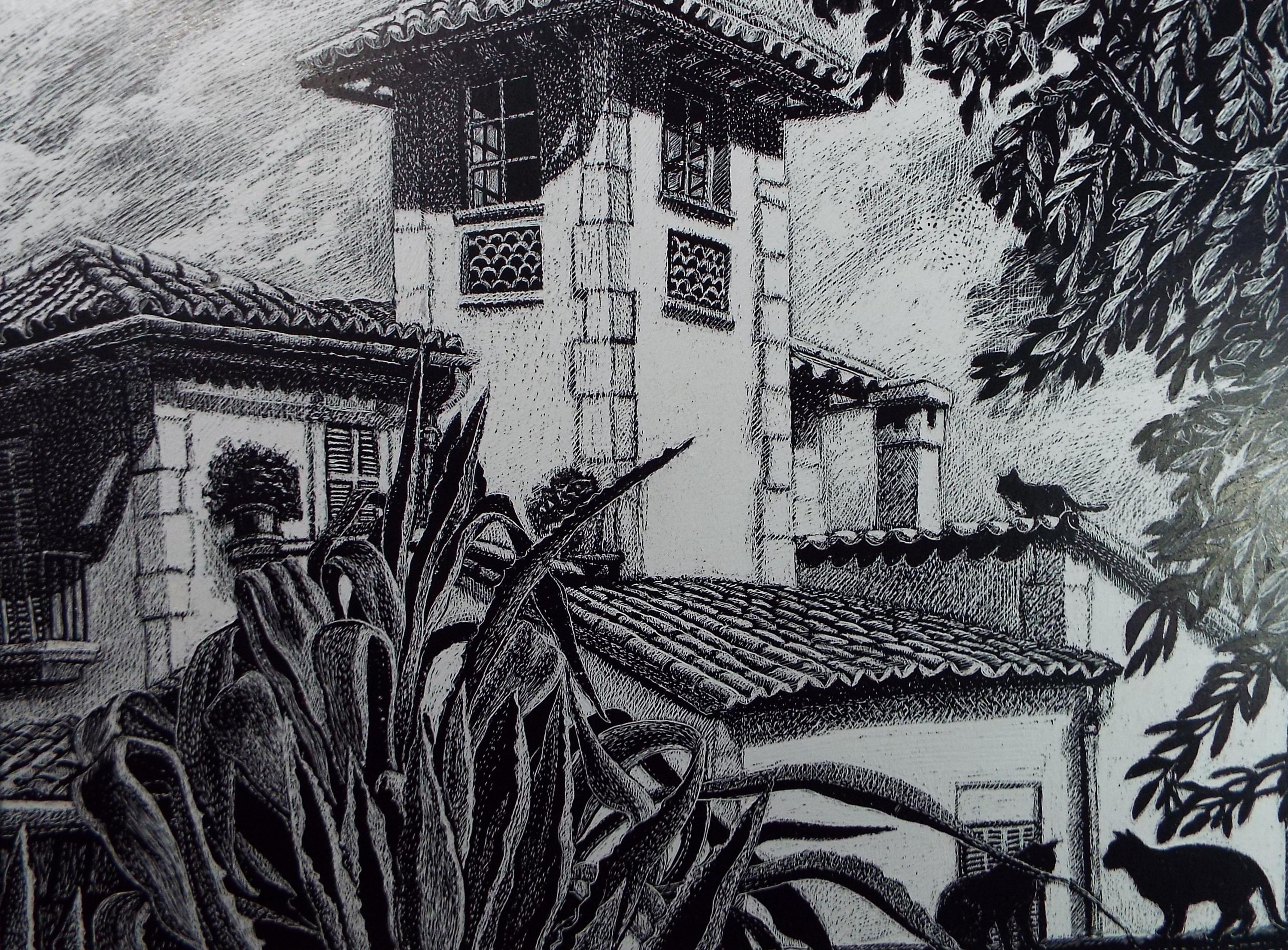 Original Scraperboard drawing, 'Villa with Cats', Lorraine Abraham RSMA (1941-2023), Circa 1990's