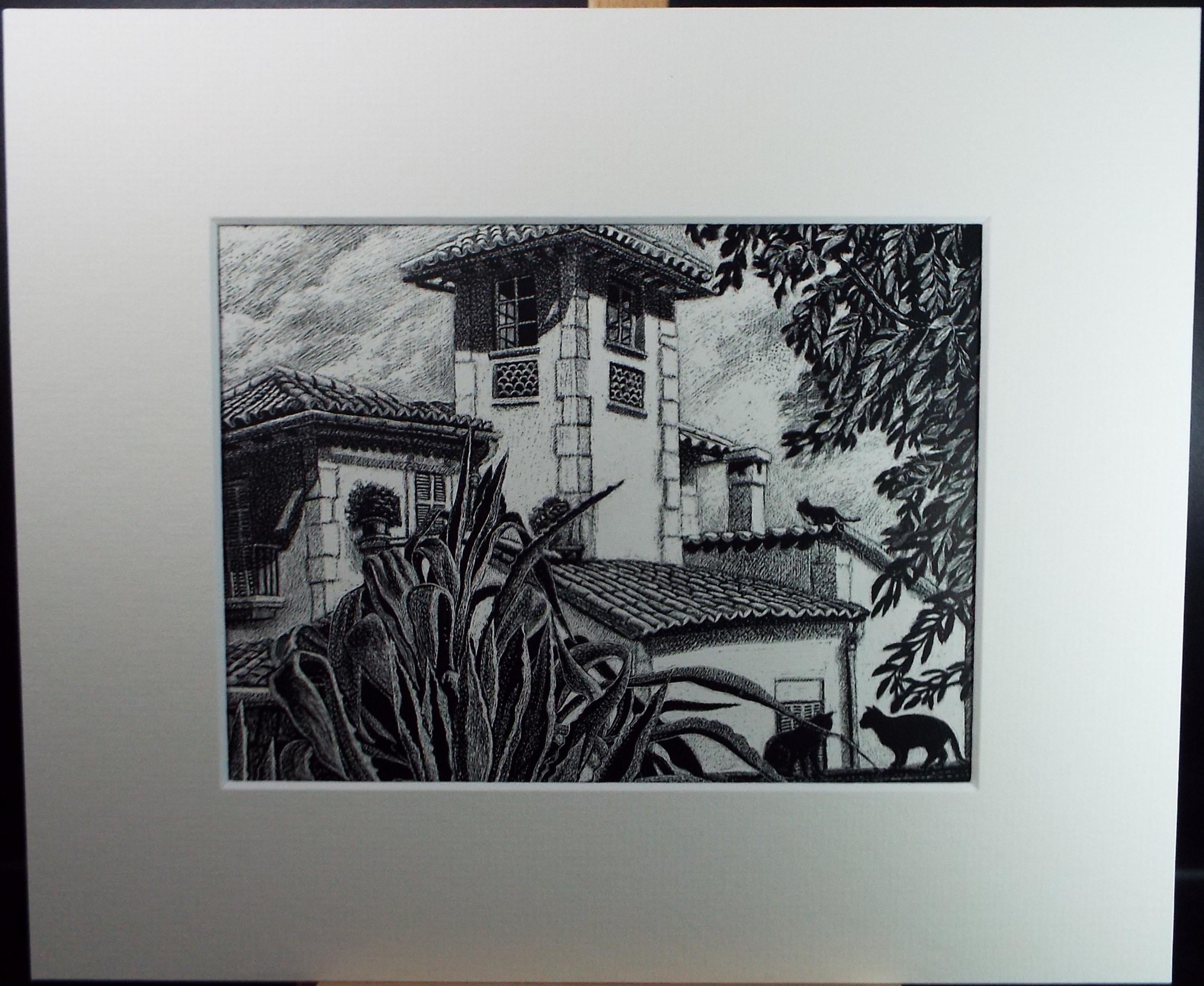 Original Scraperboard drawing, 'Villa with Cats', Lorraine Abraham RSMA (1941-2023), Circa 1990's