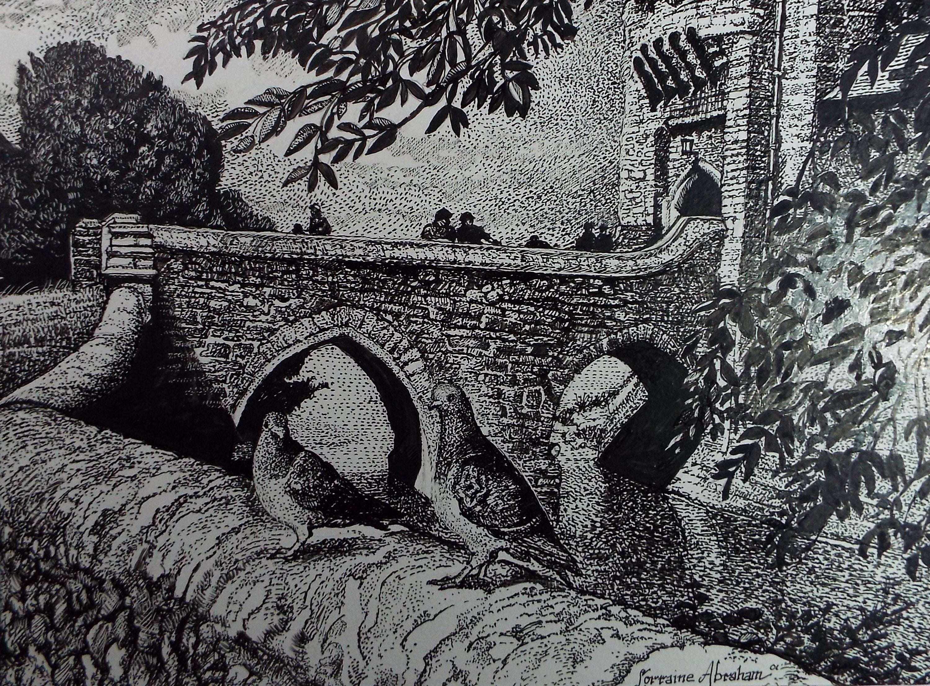 Original Scraperboard & ink drawing, 'Pigeons on the Wall', Lorraine Abraham RSMA (1941-2023), Circa 1990's