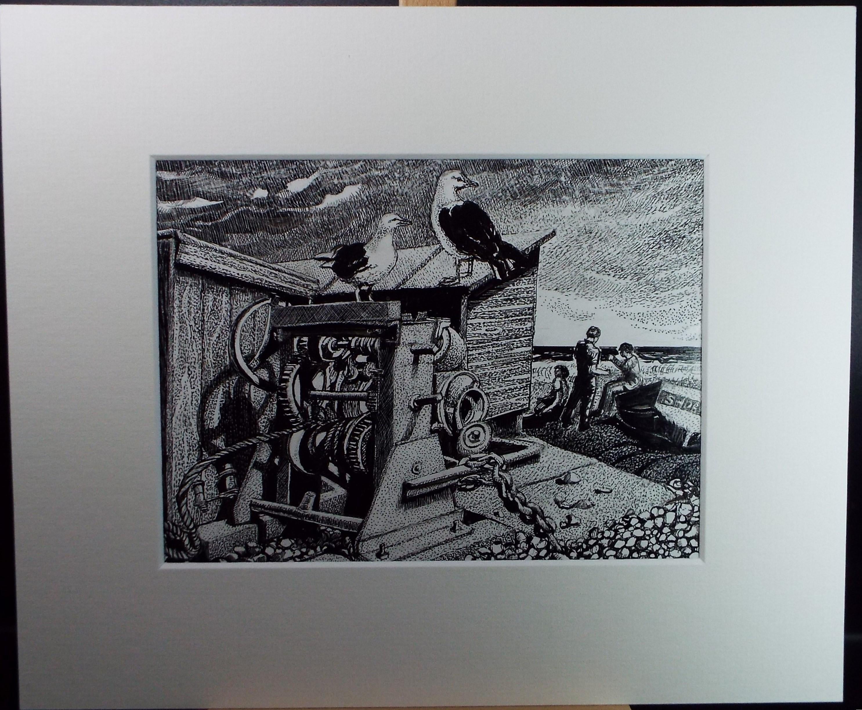 Original Scraperboard & ink drawing, 'Winding gear on the shore', Lorraine Abraham RSMA (1941-2023), Circa 1990's
