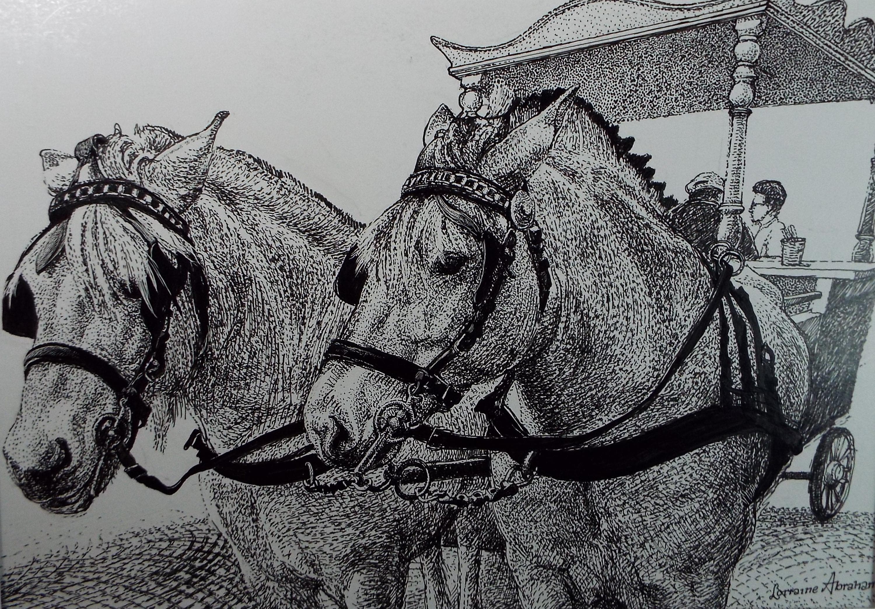 Original ink drawing, 'Horse Drawn Ice cream Carriage', Lorraine Abraham RSMA (1941-2023), Circa 1990's