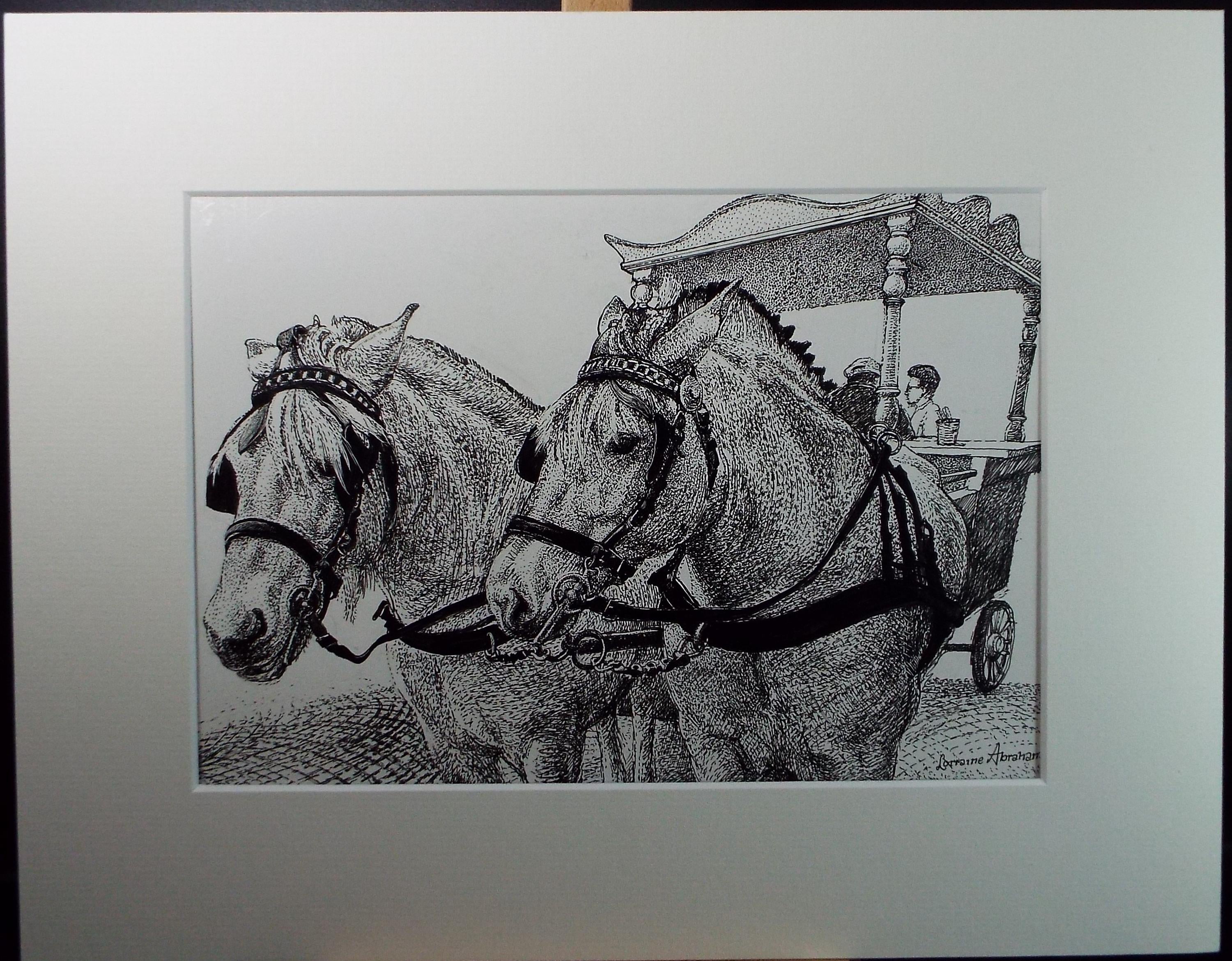 Original ink drawing, 'Horse Drawn Ice cream Carriage', Lorraine Abraham RSMA (1941-2023), Circa 1990's