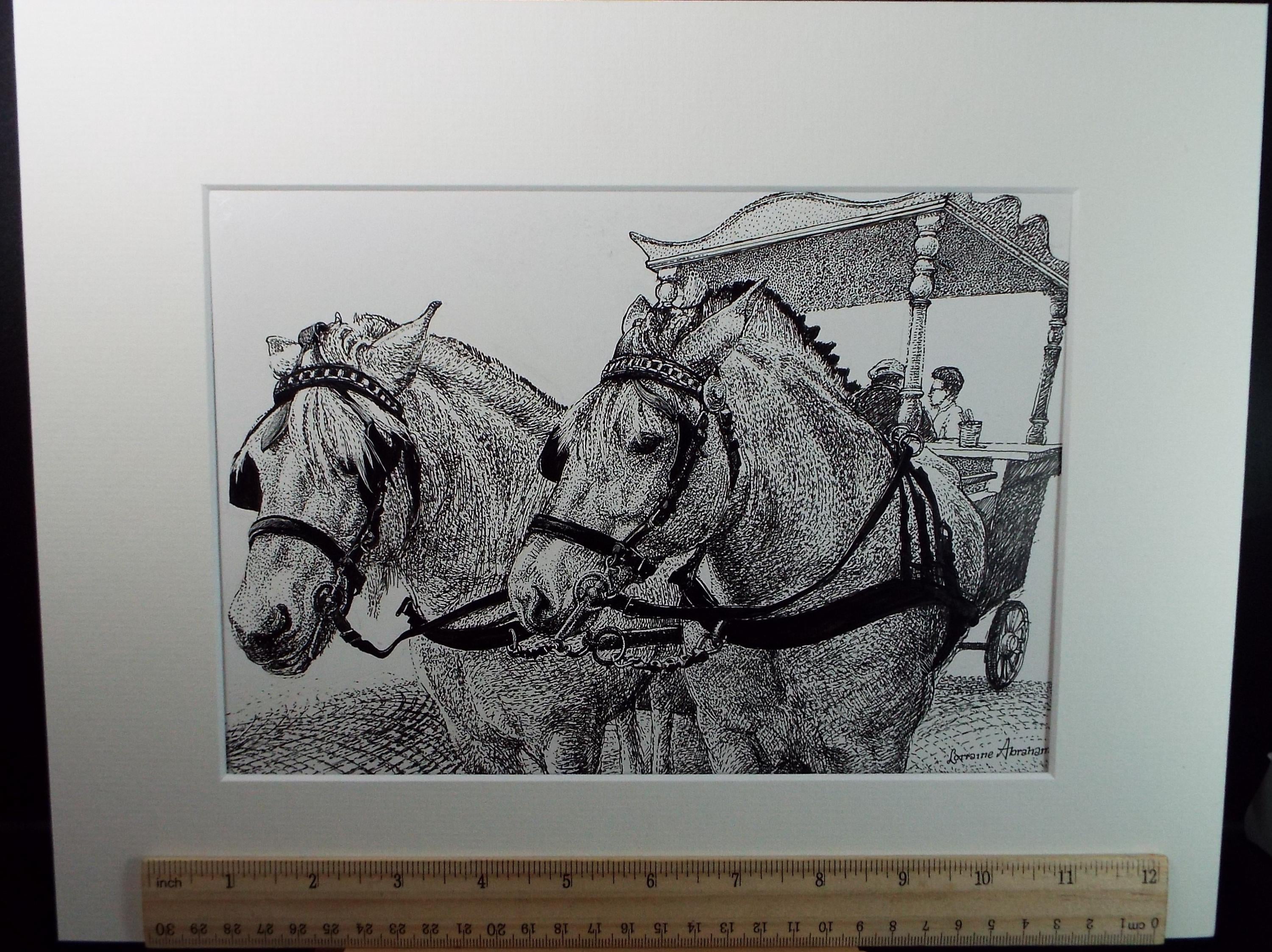 Original ink drawing, 'Horse Drawn Ice cream Carriage', Lorraine Abraham RSMA (1941-2023), Circa 1990's