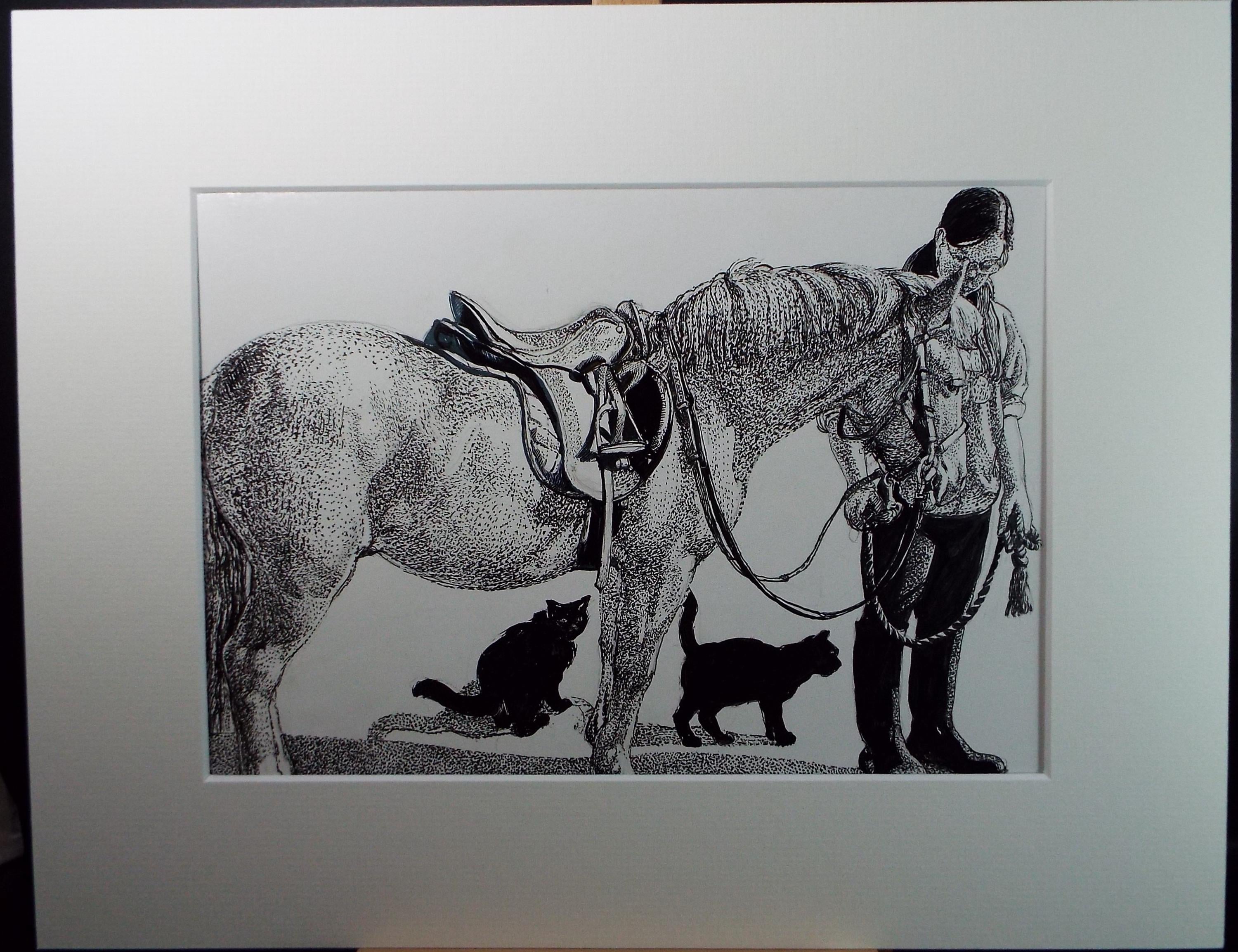 Original ink drawing, 'Pony with Black Cats', Lorraine Abraham RSMA (1941-2023), Circa 1990's