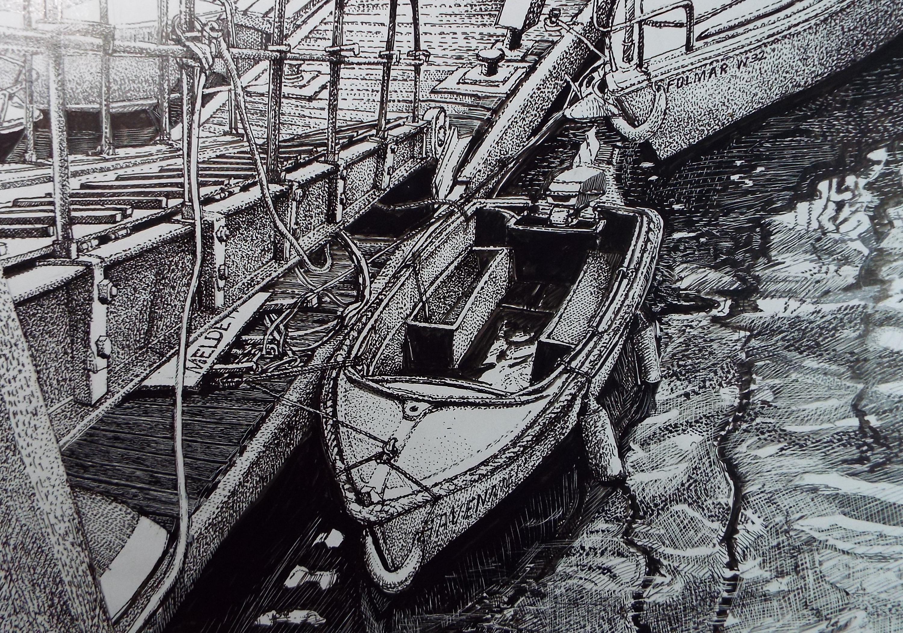 Original Scraperboard & ink drawing, 'Moored speed Boat', Lorraine Abraham RSMA (1941-2023), Circa 1990's