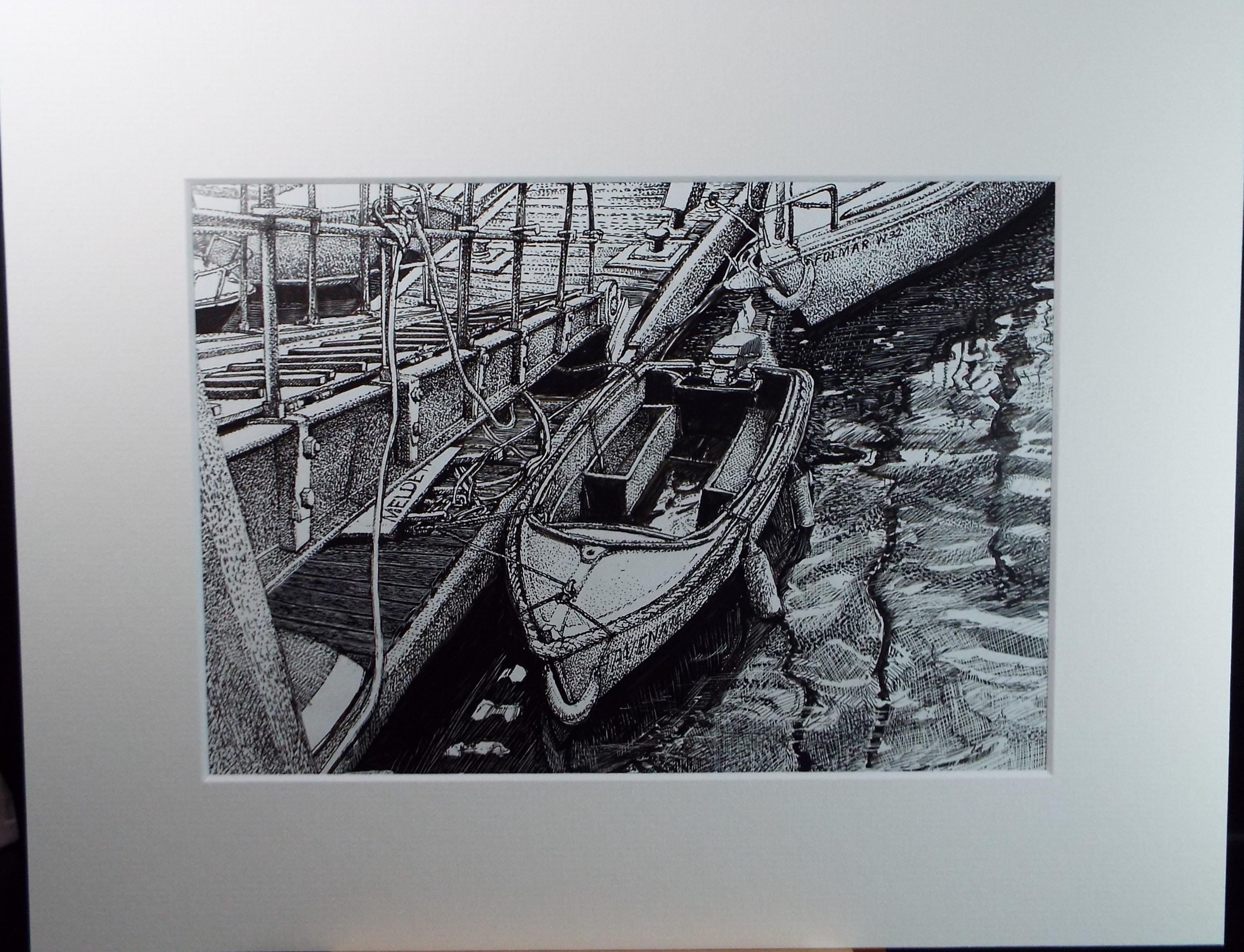 Original Scraperboard & ink drawing, 'Moored speed Boat', Lorraine Abraham RSMA (1941-2023), Circa 1990's