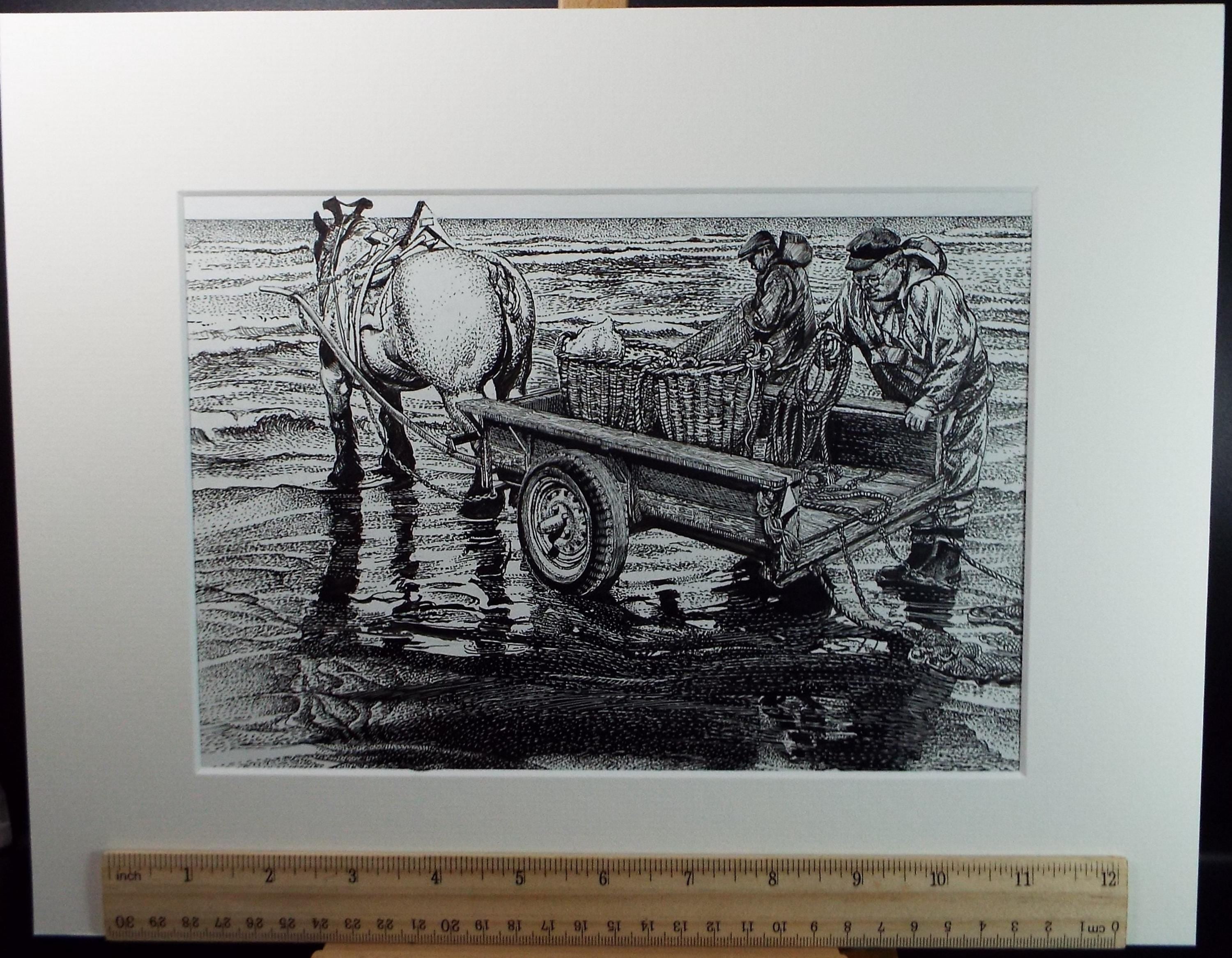 Original ink drawing, 'The Cockle Pickers', Lorraine Abraham RSMA (1941-2023), Circa 1990's
