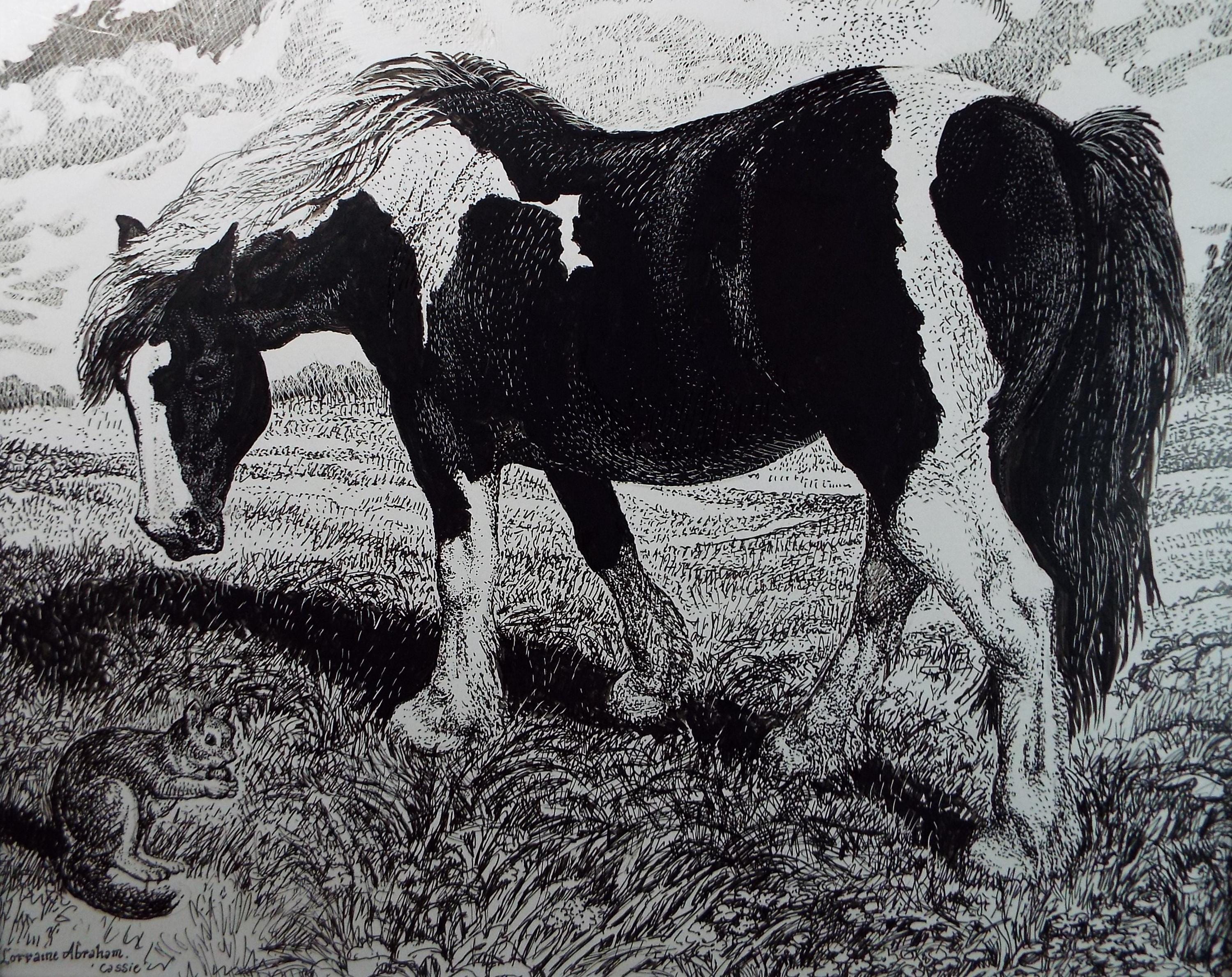 Original Scraperboard & ink drawing, 'Cassie with Squirrel', Lorraine Abraham RSMA (1941-2023), Circa 1990's