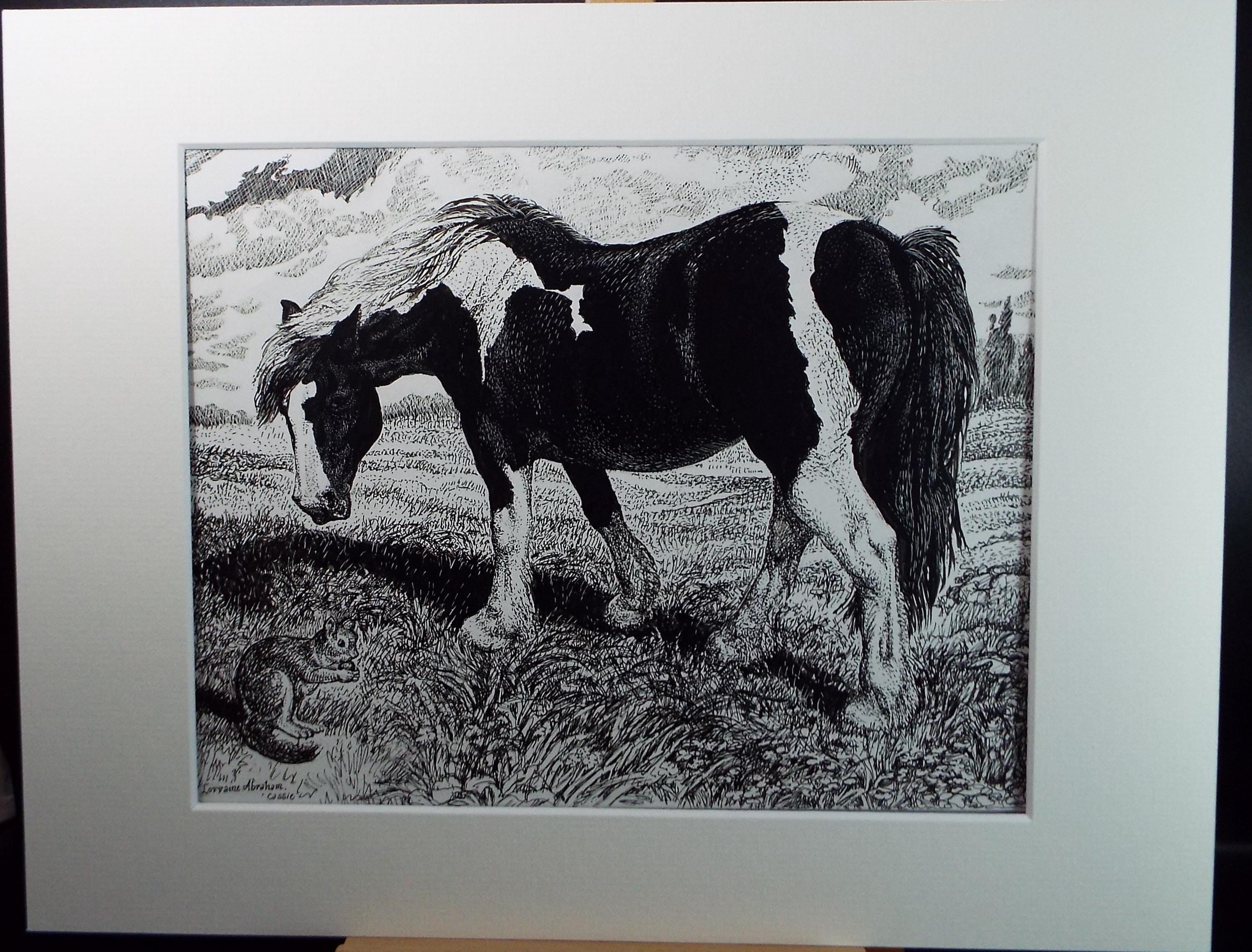 Original Scraperboard & ink drawing, 'Cassie with Squirrel', Lorraine Abraham RSMA (1941-2023), Circa 1990's