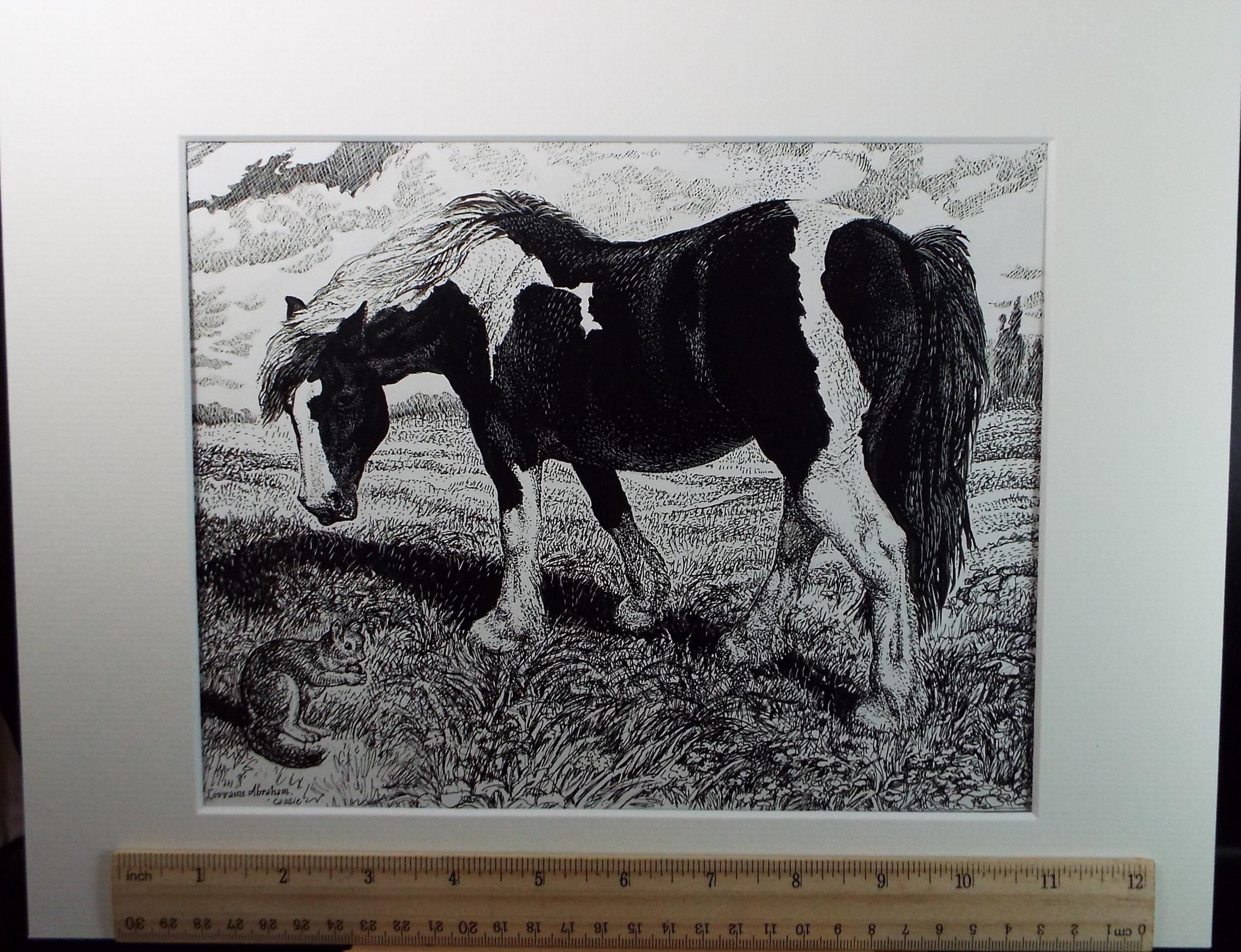 Original Scraperboard & ink drawing, 'Cassie with Squirrel', Lorraine Abraham RSMA (1941-2023), Circa 1990's