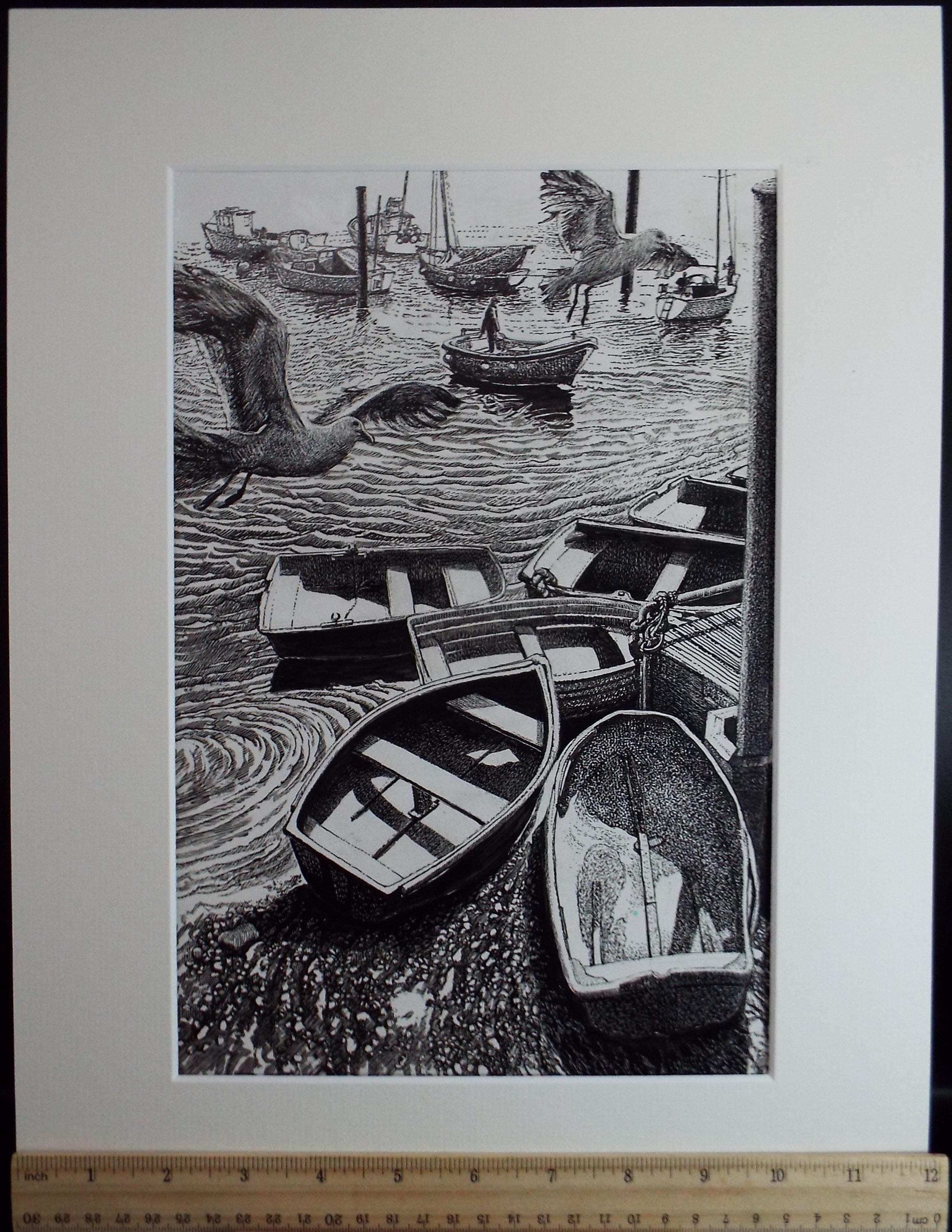 Original Scraperboard & ink drawing, 'Rowing Boats and seagulls', Lorraine Abraham RSMA (1941-2023), Circa 1990's
