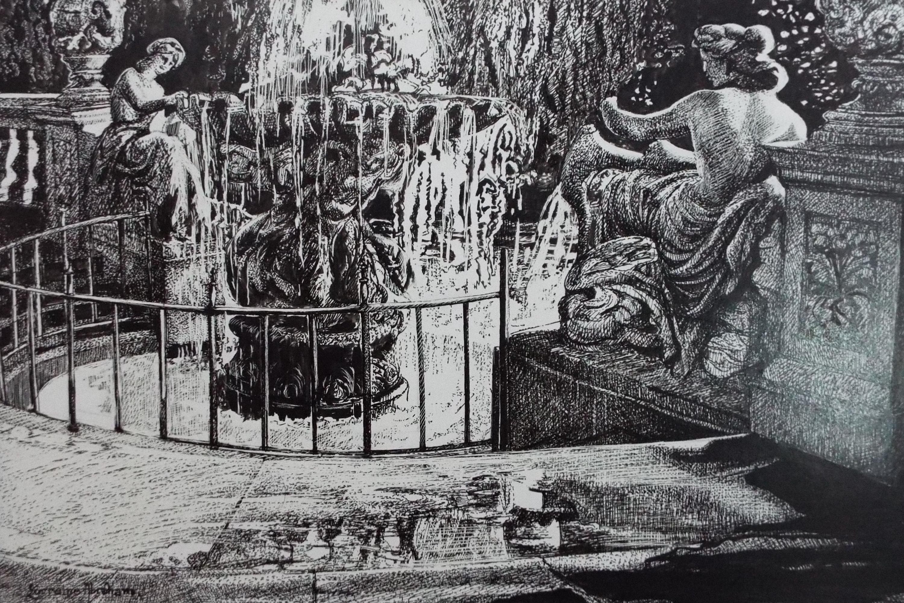 Original Scraperboard & ink drawing, 'Fountain', Lorraine Abraham RSMA (1941-2023), Circa 1990's