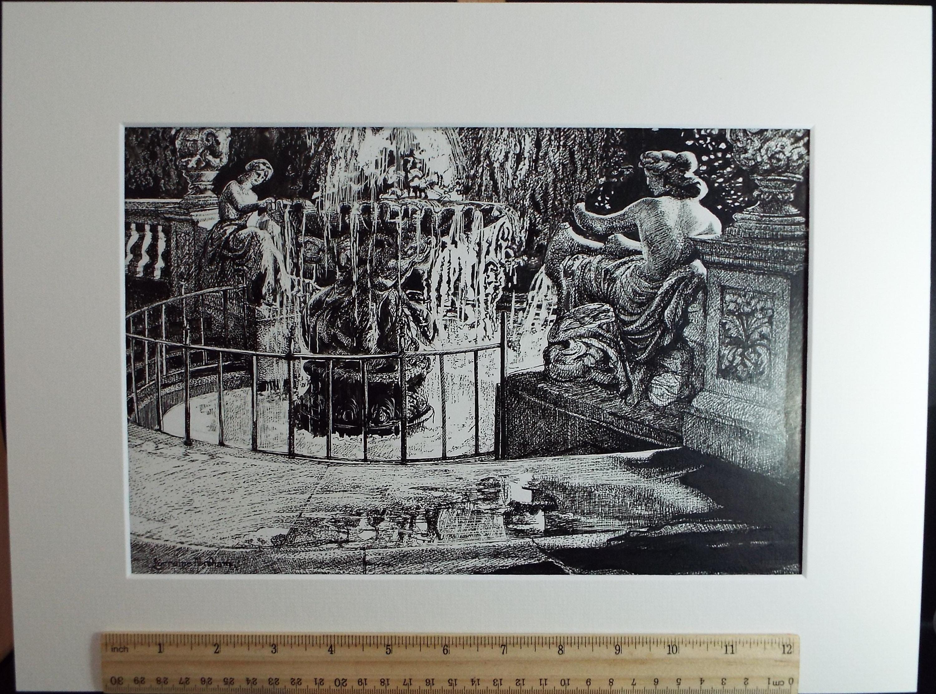 Original Scraperboard & ink drawing, 'Fountain', Lorraine Abraham RSMA (1941-2023), Circa 1990's