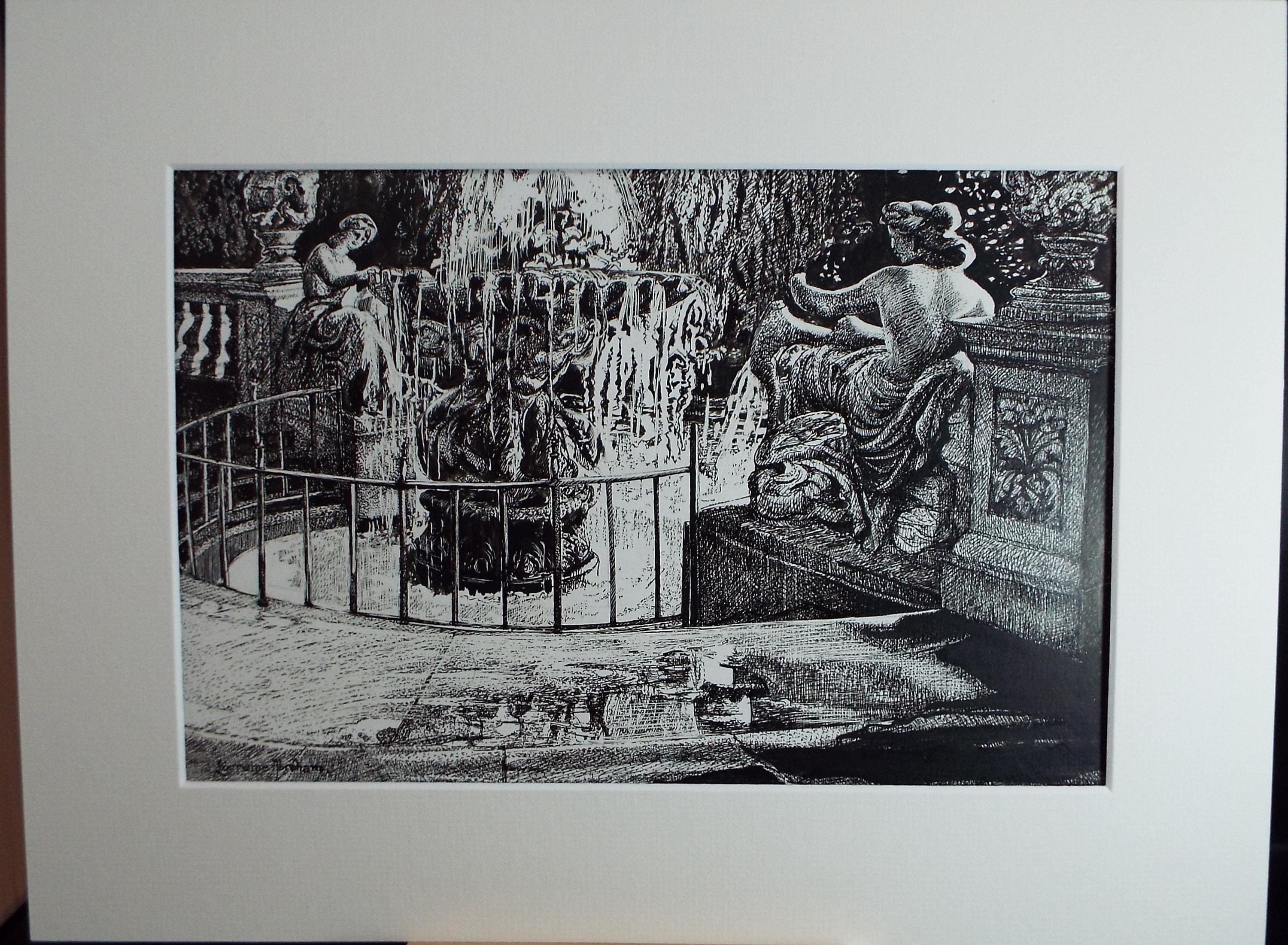 Original Scraperboard & ink drawing, 'Fountain', Lorraine Abraham RSMA (1941-2023), Circa 1990's