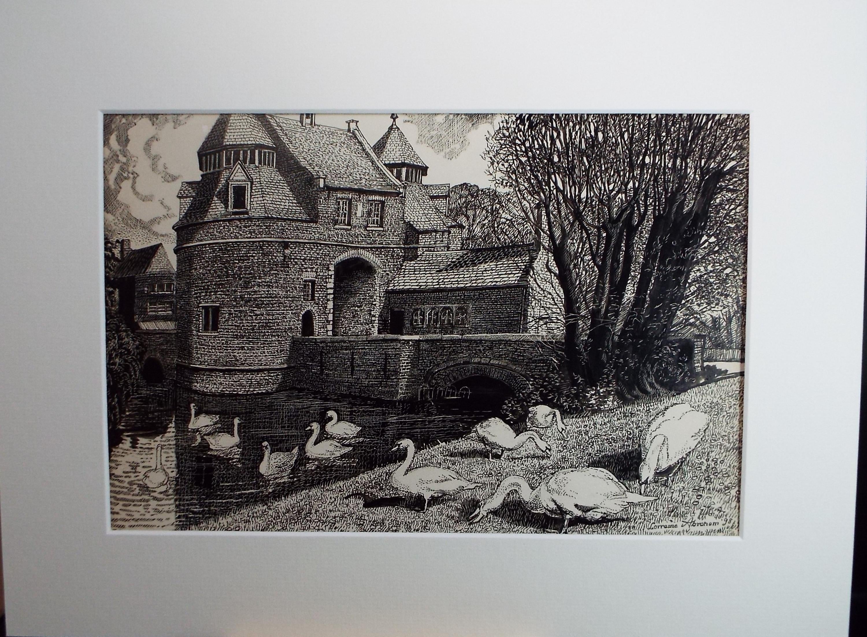 Original Scraperboard & ink drawing, 'Moated Manor House with mute swans', Lorraine Abraham RSMA (1941-2023), Dated 1998