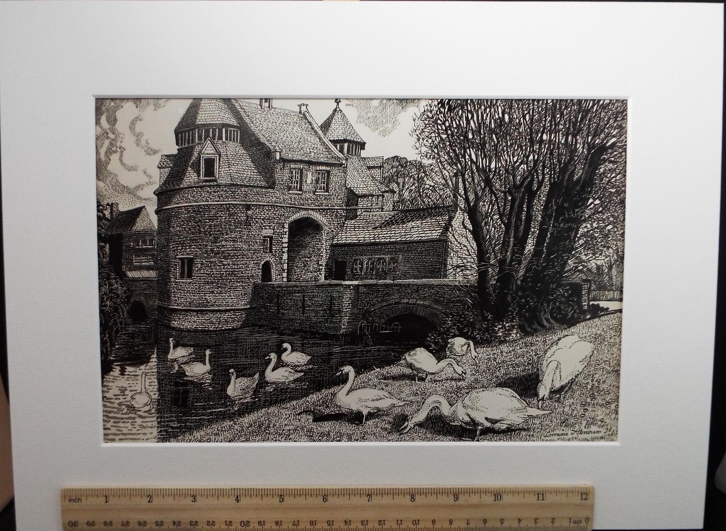 Original Scraperboard & ink drawing, 'Moated Manor House with mute swans', Lorraine Abraham RSMA (1941-2023), Dated 1998