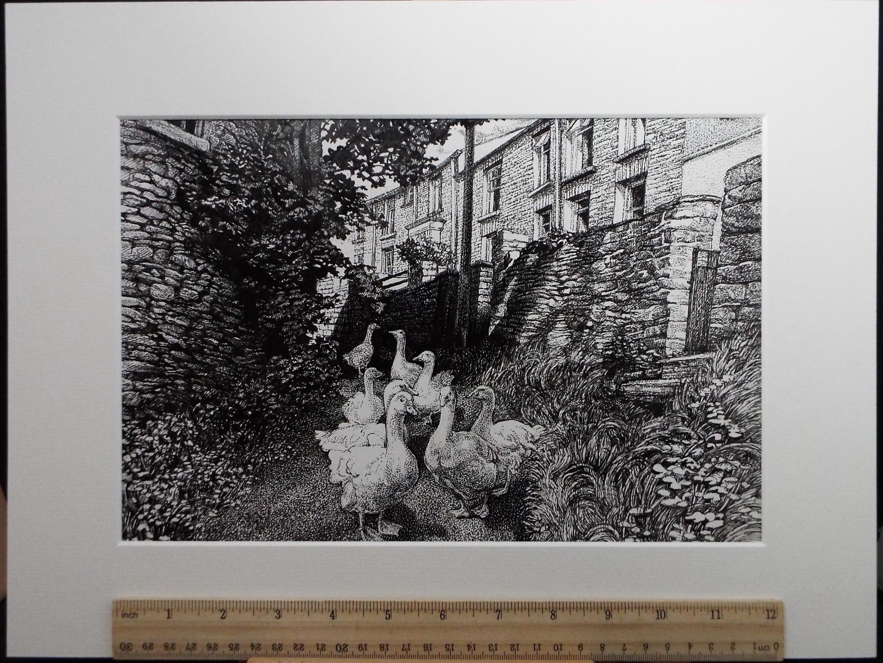 Original Scraperboard & Ink drawing, 'A Gaggle of Geese', Lorraine Abraham RSMA (1941-2023), Circa 1990's