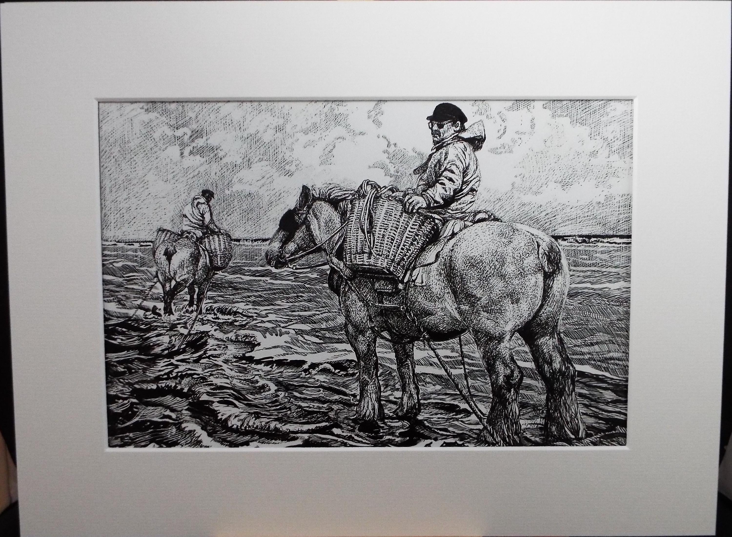 Original Scraperboard & ink drawing, 'Cockle Pickers', Lorraine Abraham RSMA (1941-2023), Circa 1990's