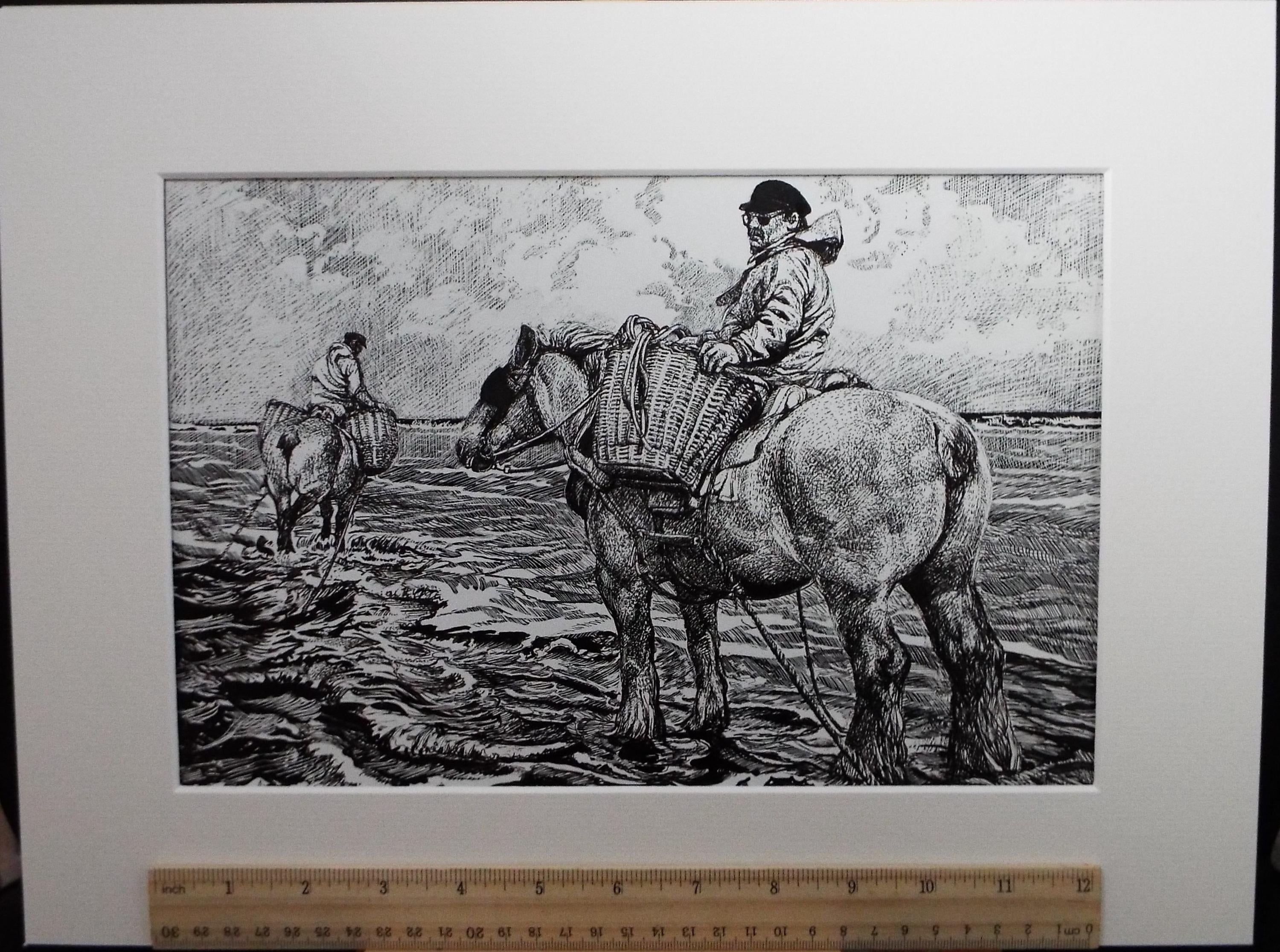 Original Scraperboard & ink drawing, 'Cockle Pickers', Lorraine Abraham RSMA (1941-2023), Circa 1990's