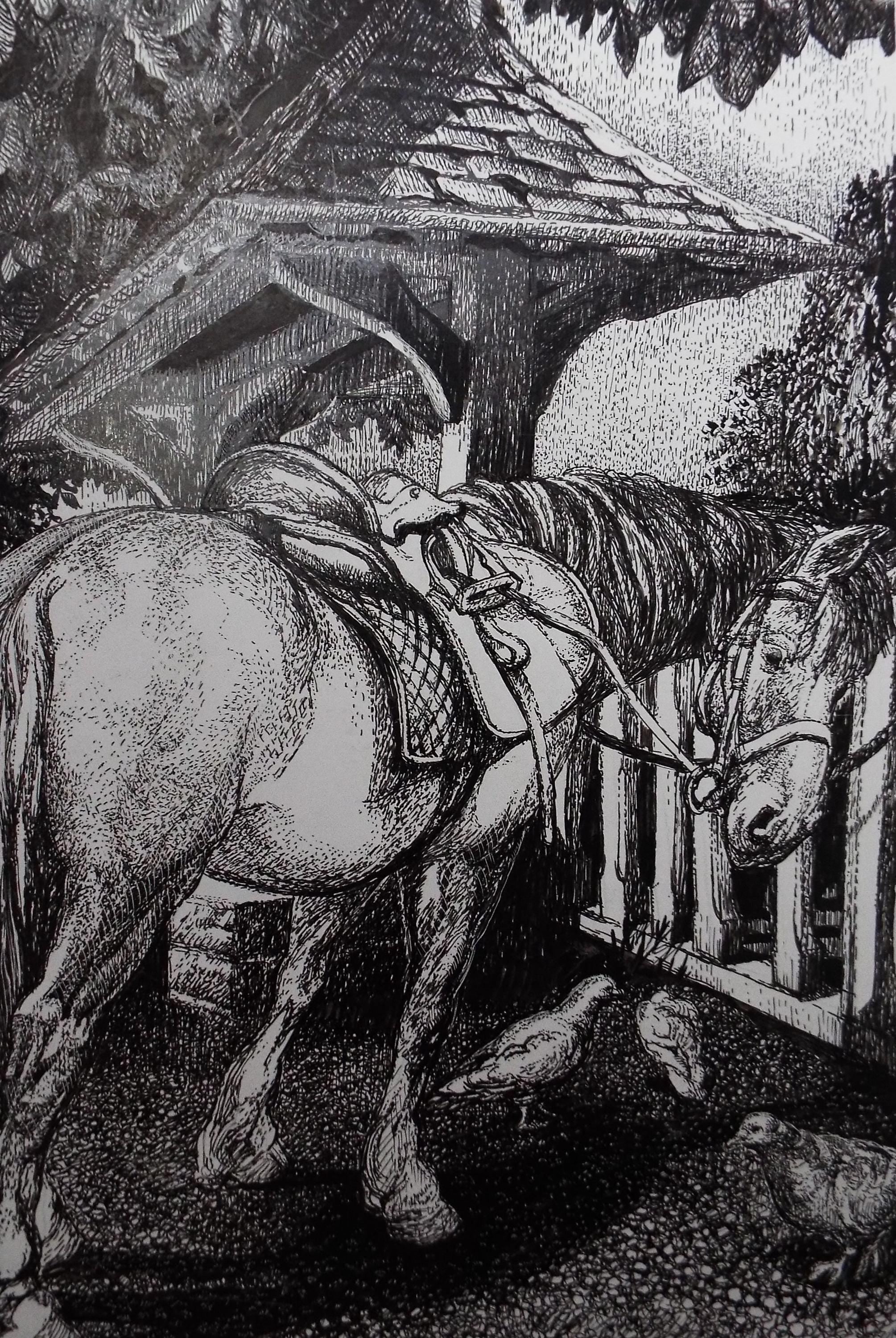 Original Scraperboard & ink drawing, 'Pony at the Lych Gate', Lorraine Abraham RSMA (1941-2023), Circa 1990's