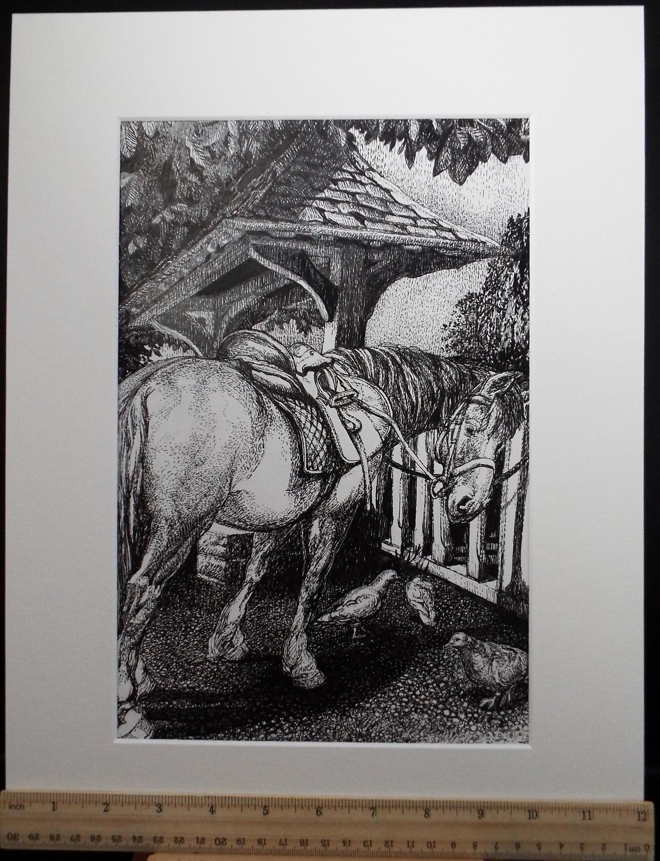 Original Scraperboard & ink drawing, 'Pony at the Lych Gate', Lorraine Abraham RSMA (1941-2023), Circa 1990's