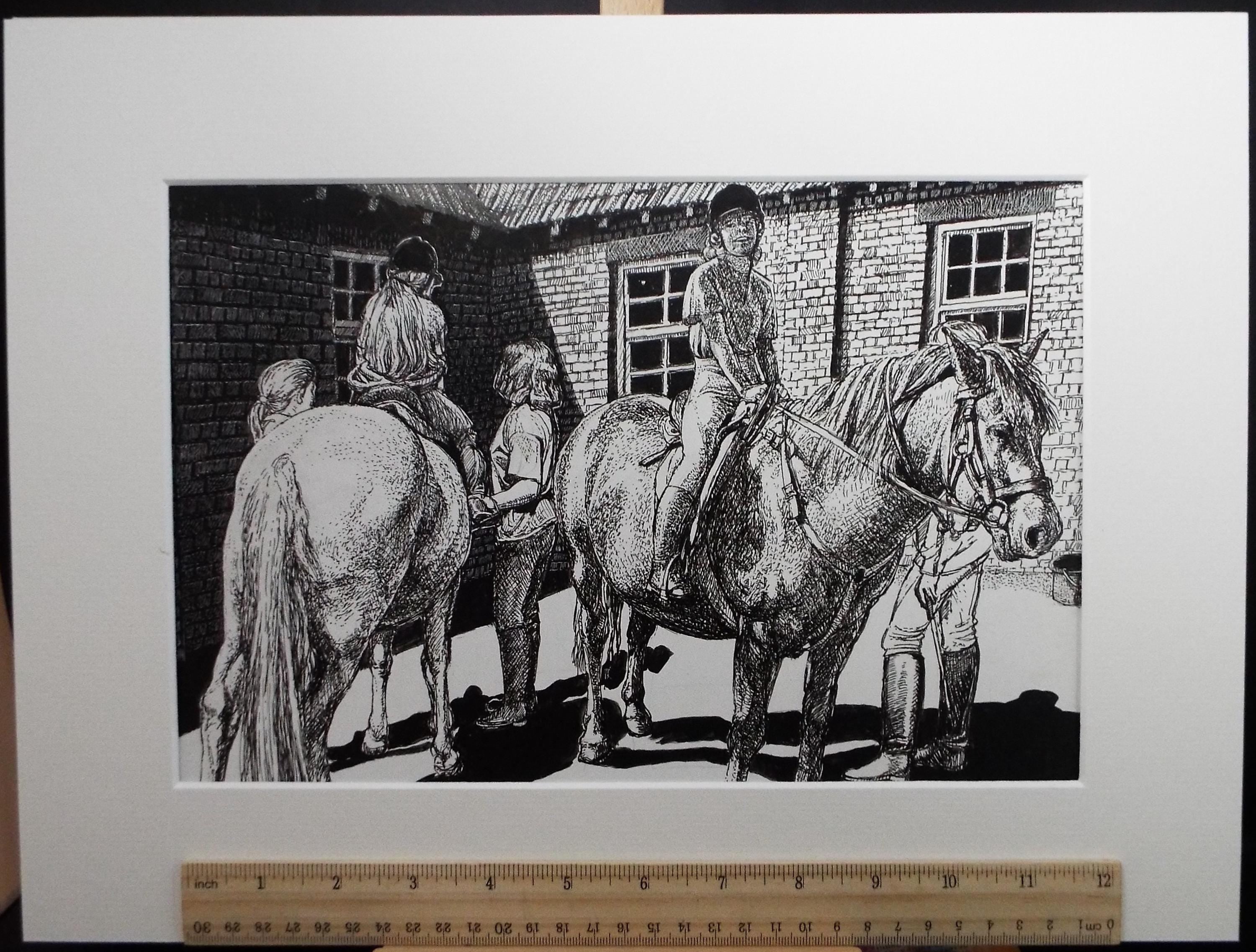 Original Scraperboard & ink drawing, 'Mounting Up', Lorraine Abraham RSMA (1941-2023), Circa 1990's