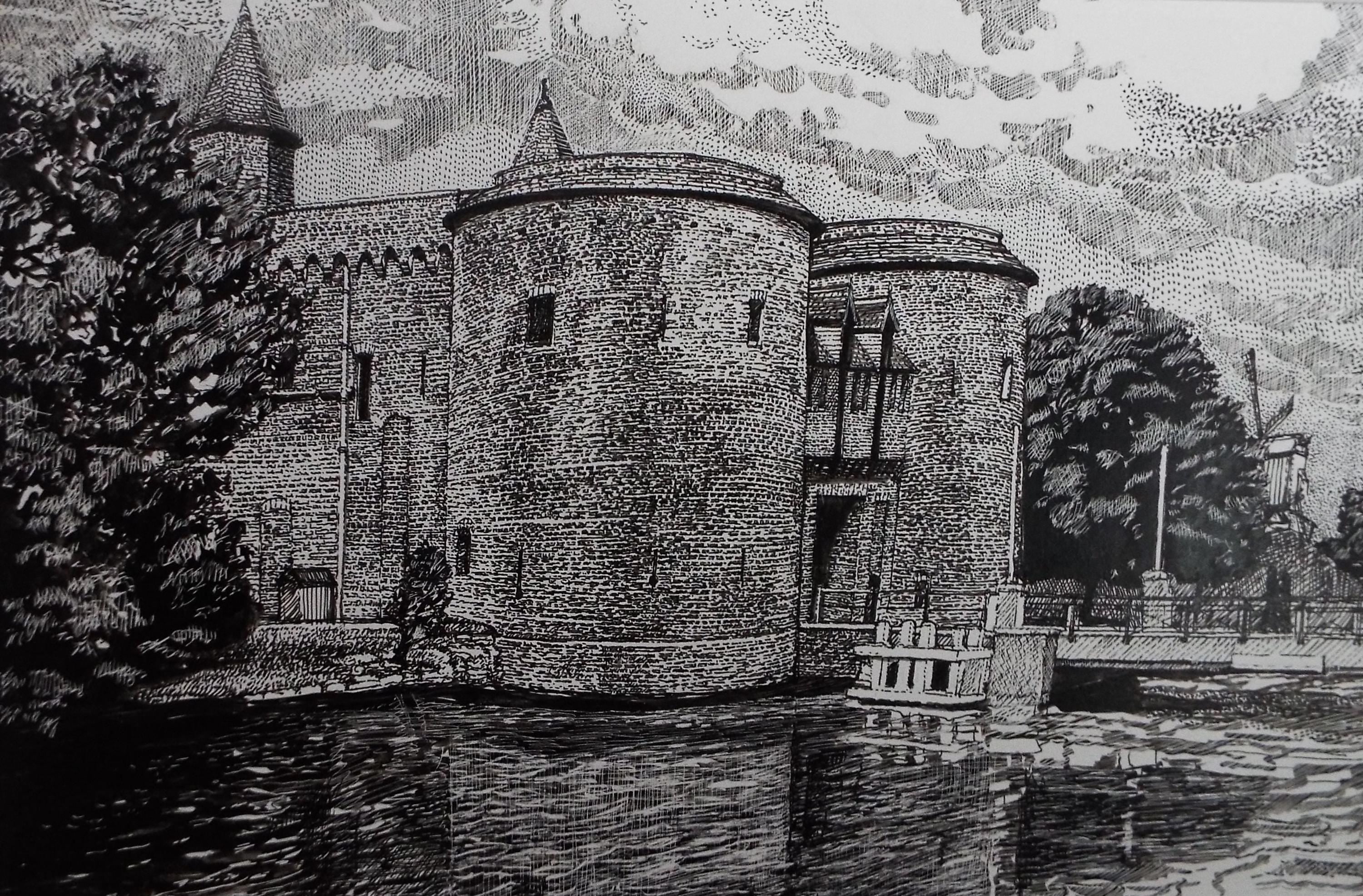 Original Scraperboard & ink drawing, 'The Castle Moat', Lorraine Abraham RSMA (1941-2023), Circa 1990's