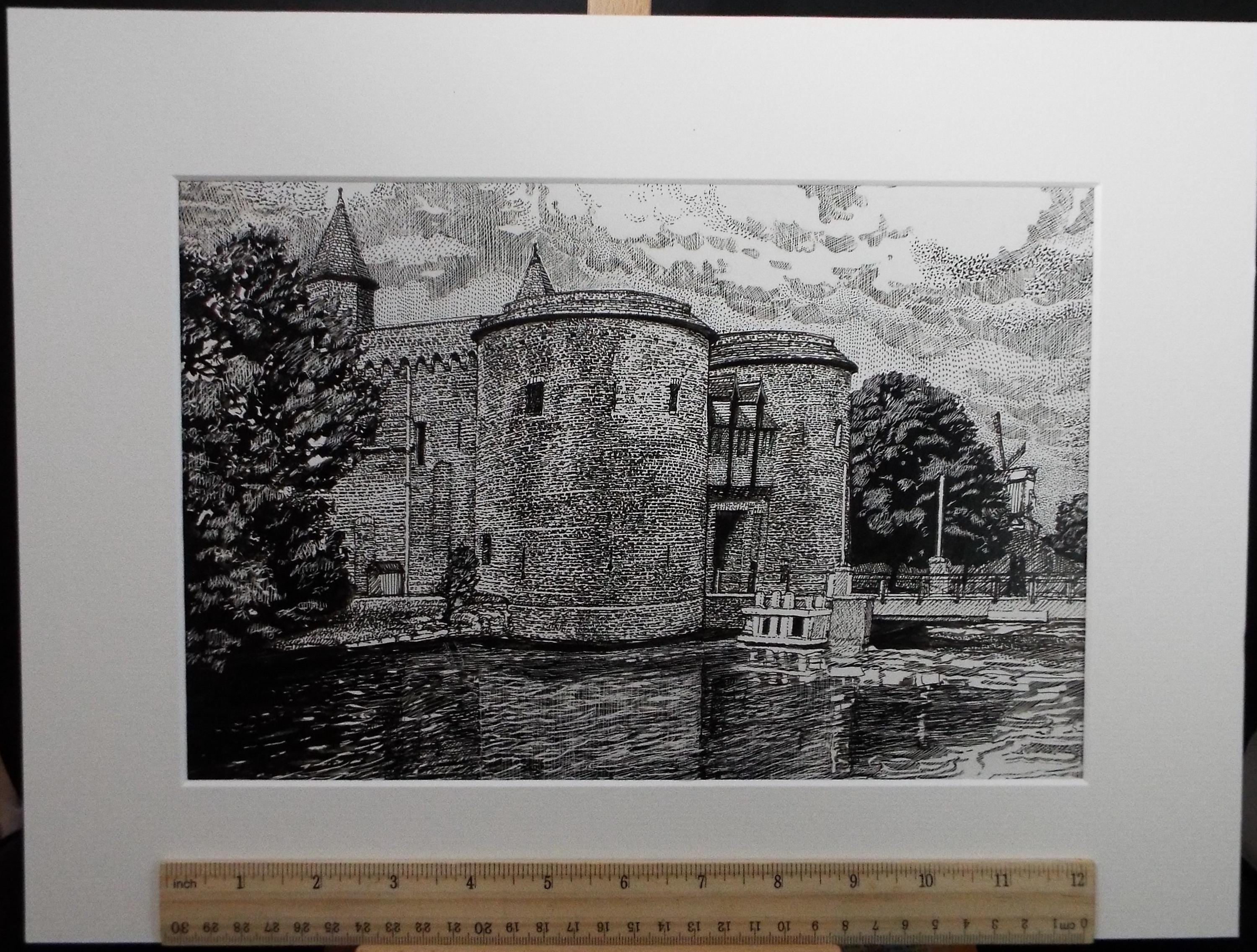 Original Scraperboard & ink drawing, 'The Castle Moat', Lorraine Abraham RSMA (1941-2023), Circa 1990's
