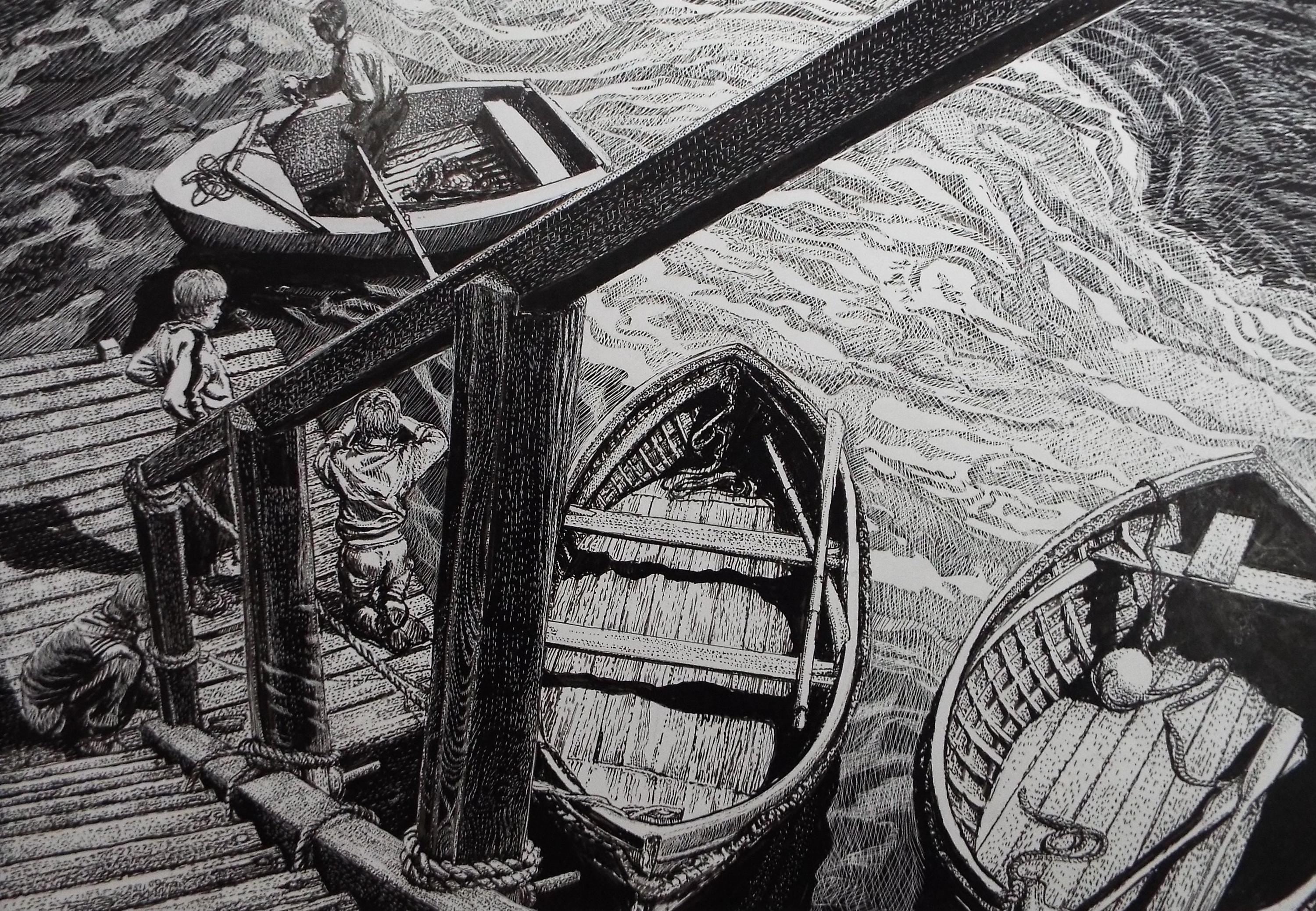 Original Scraperboard & ink drawing, 'Boys on the Harbour Steps', Lorraine Abraham RSMA (1941-2023), Circa 1990's