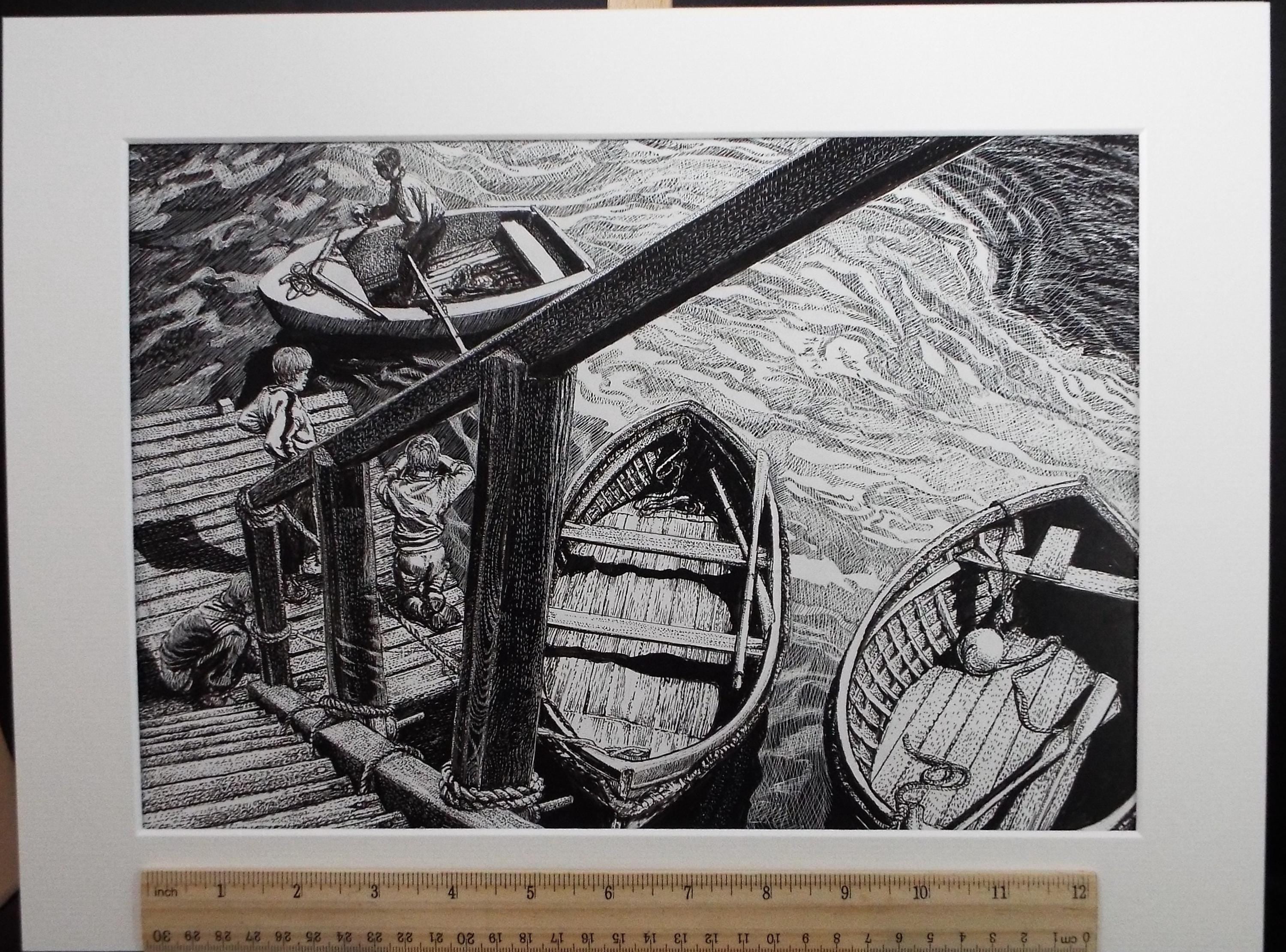 Original Scraperboard & ink drawing, 'Boys on the Harbour Steps', Lorraine Abraham RSMA (1941-2023), Circa 1990's