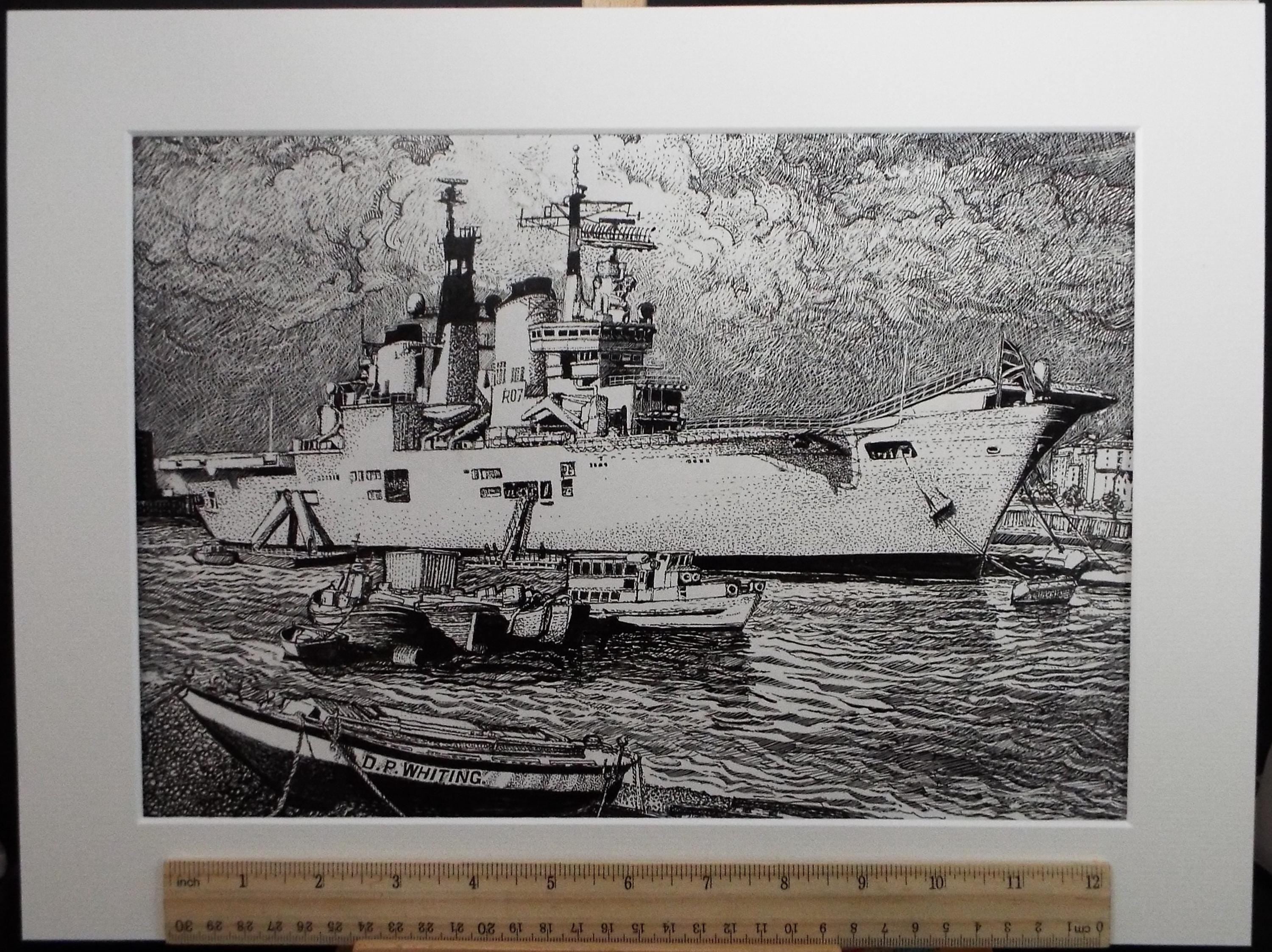 Original Scraperboard & ink drawing, 'HMS Ark Royal', Lorraine Abraham RSMA (1941-2023), Circa 1990's