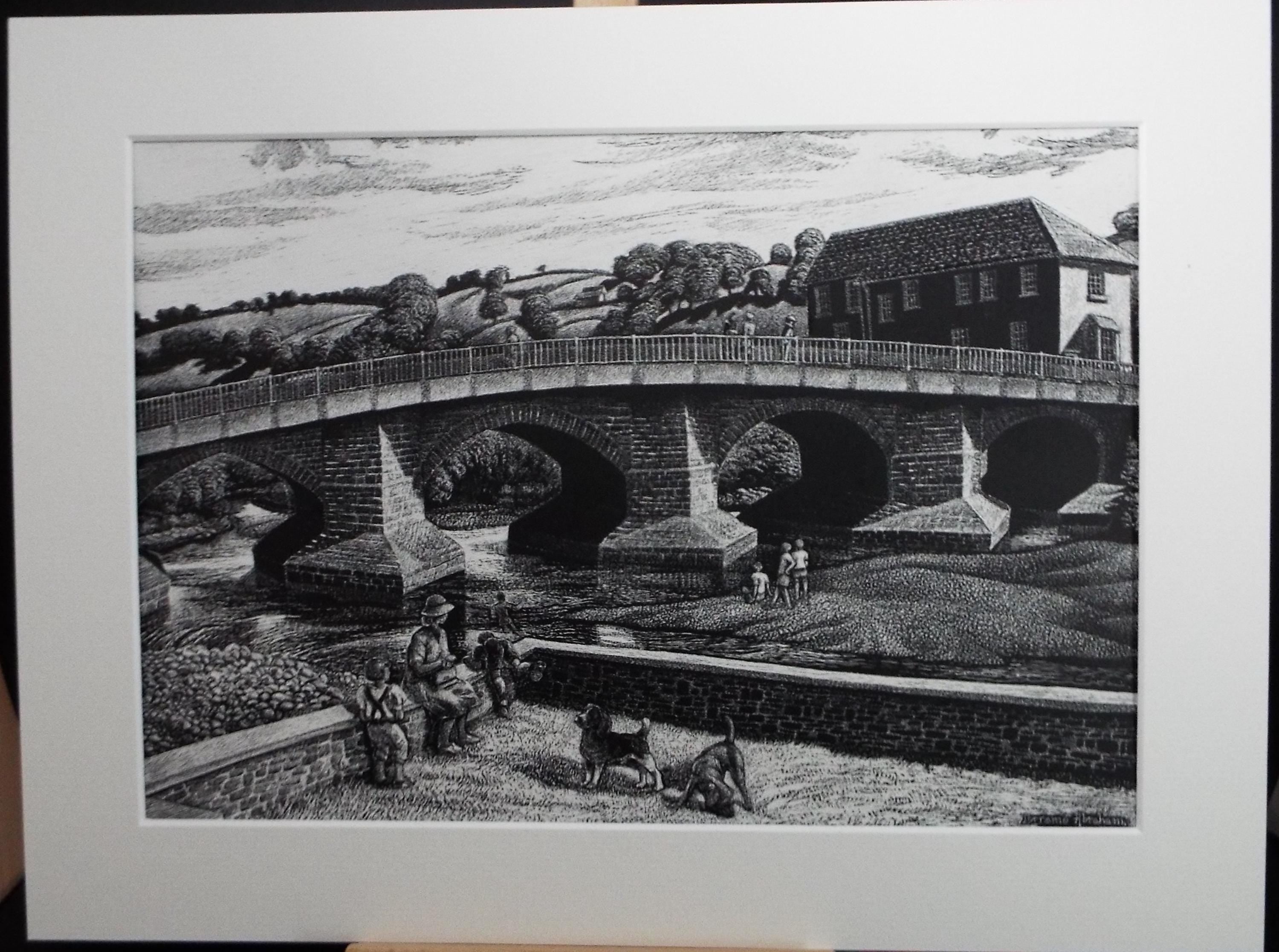 Original Scraperboard drawing, 'River with Figures', Lorraine Abraham RSMA (1941-2023), Circa 1990's