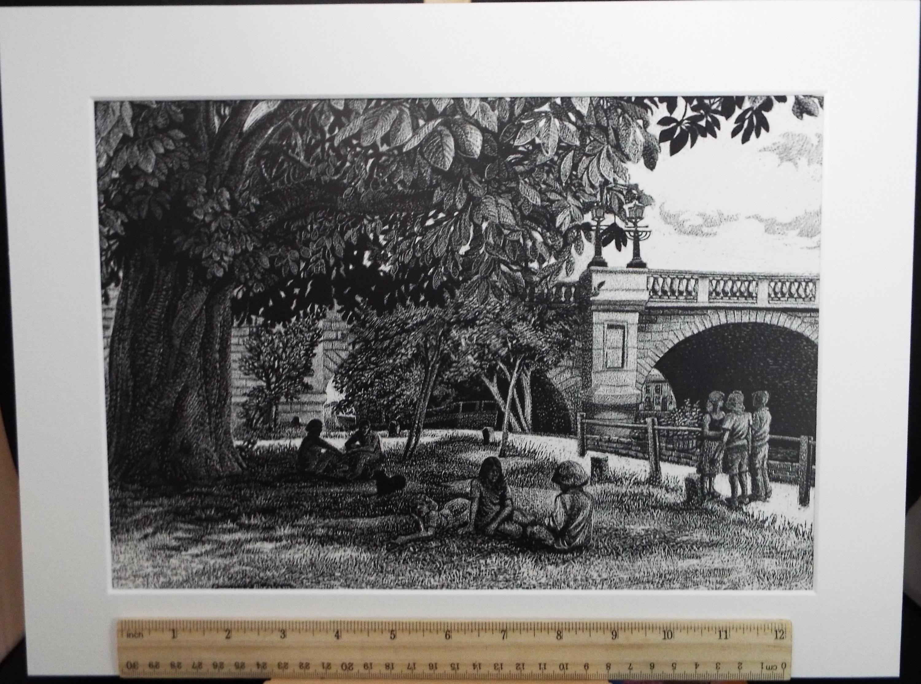 Original Scraperboard drawing, 'Beside the River', Lorraine Abraham RSMA (1941-2023), Circa 1990's
