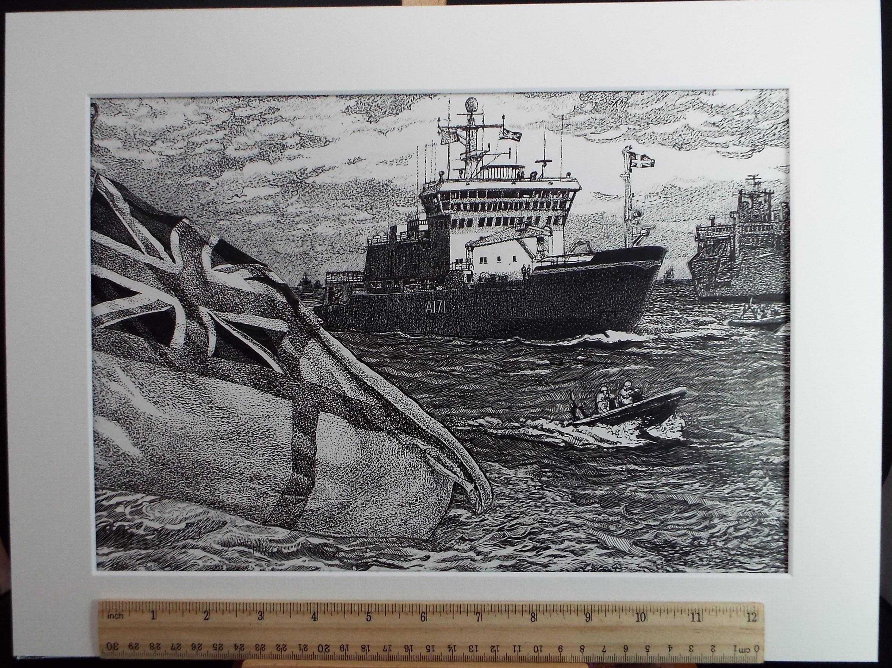Original Scraperboard & ink drawing, 'HMS Endurance', Lorraine Abraham RSMA (1941-2023), Circa 2000
